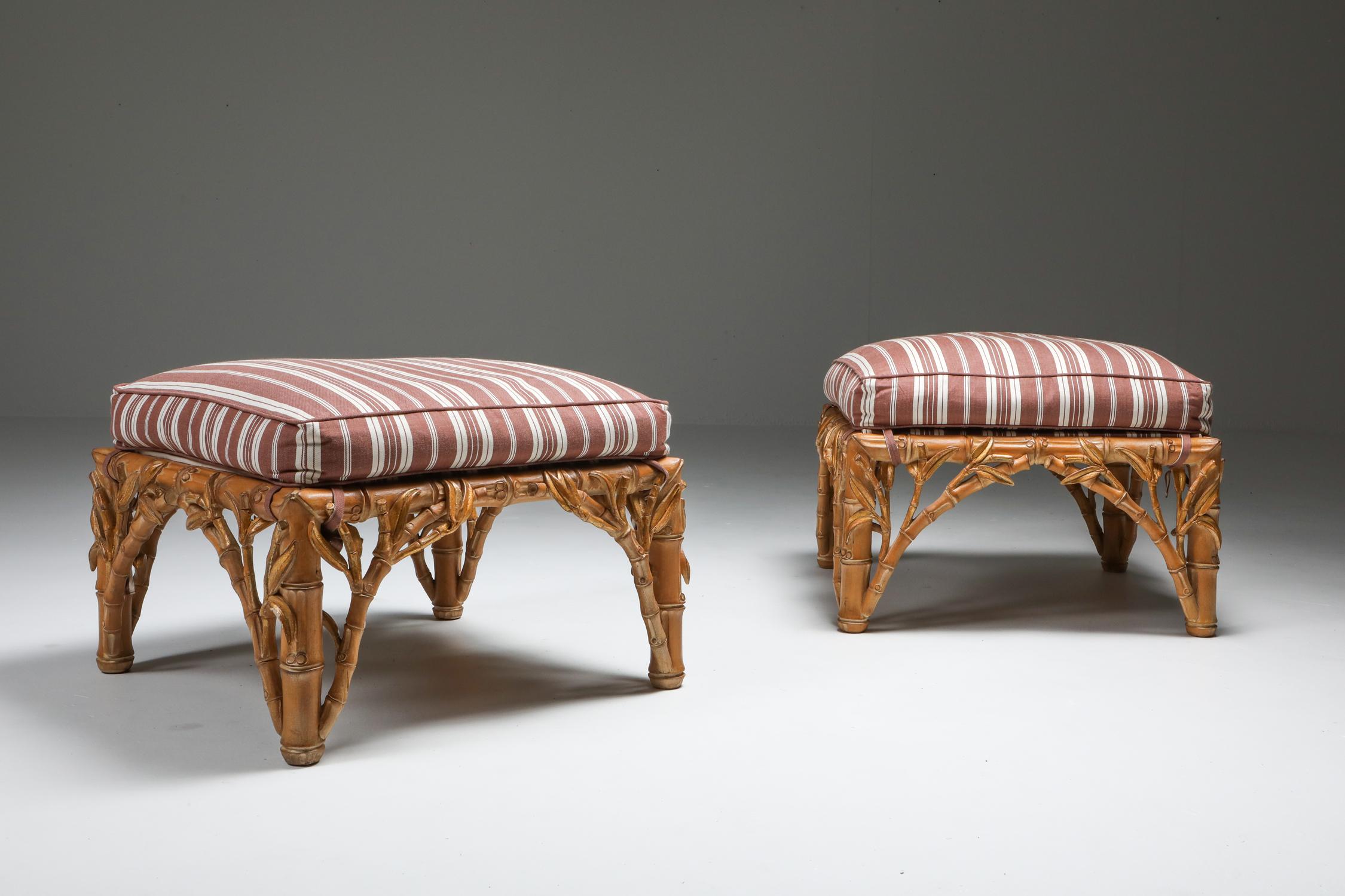 Hand-Carved Bamboo Pair of Ottoman, Arpex, Italy, 1970s