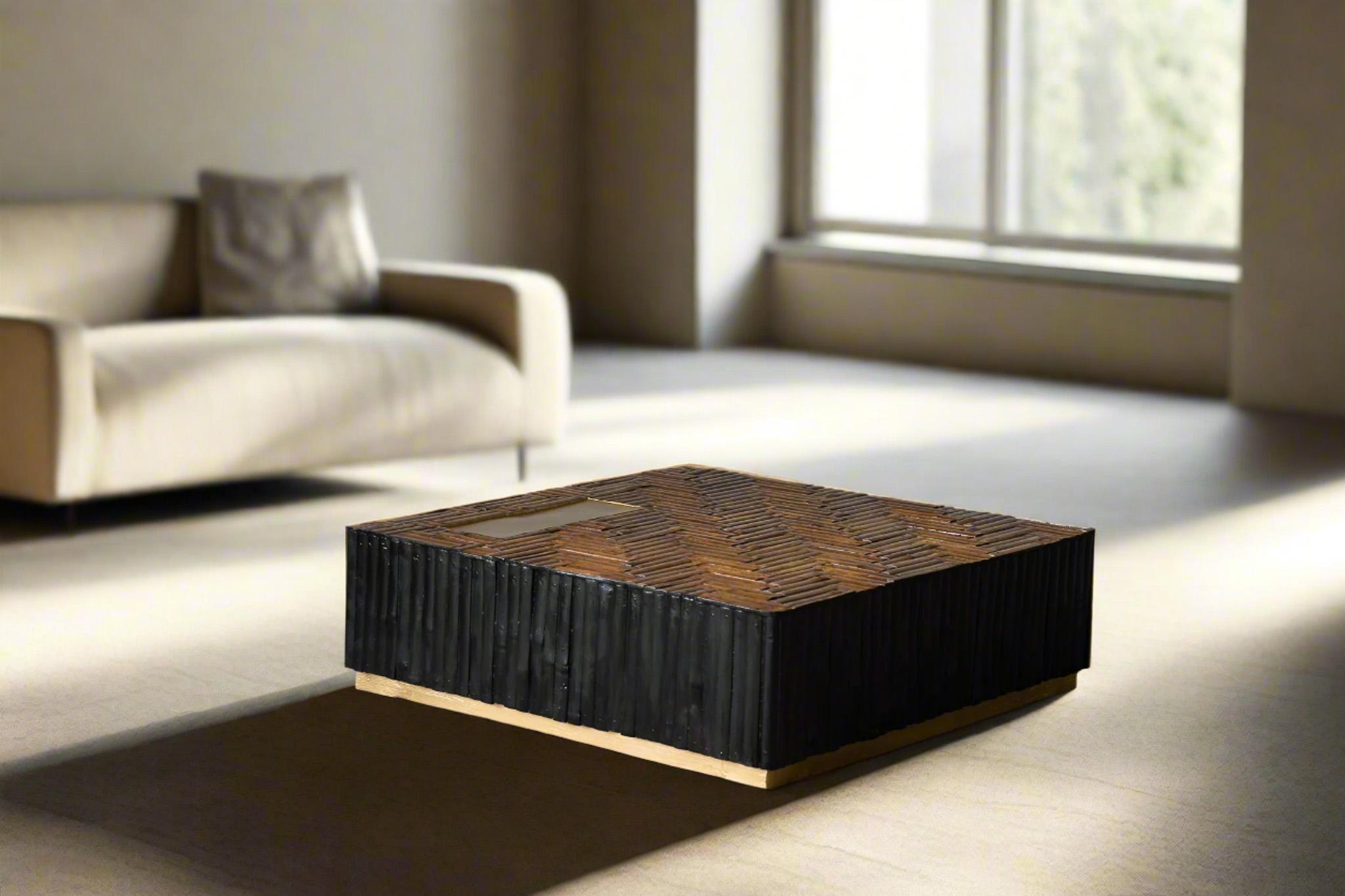 Cette table basse est fabriquée à partir de pièces de bambou complexes. Le plateau est composé d'une bande de bambou soigneusement positionnée dans un double motif à chevrons et d'un métal rectangulaire.  accent doré. Les côtés de la table basse