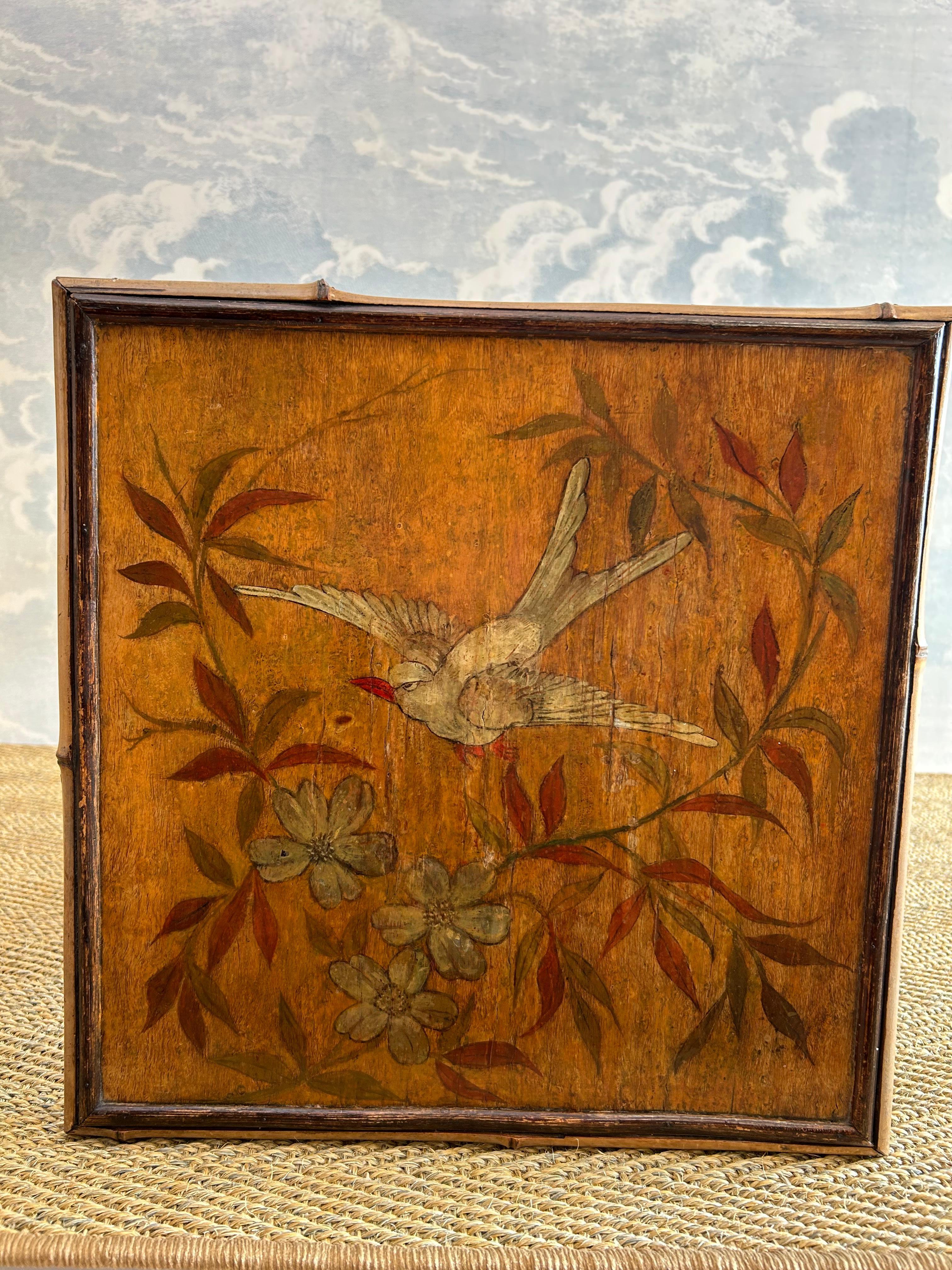 Peint à la main Bamboo Pedestal Table with Hand Painted Bird And Flower Motif, France, 19th Cent en vente