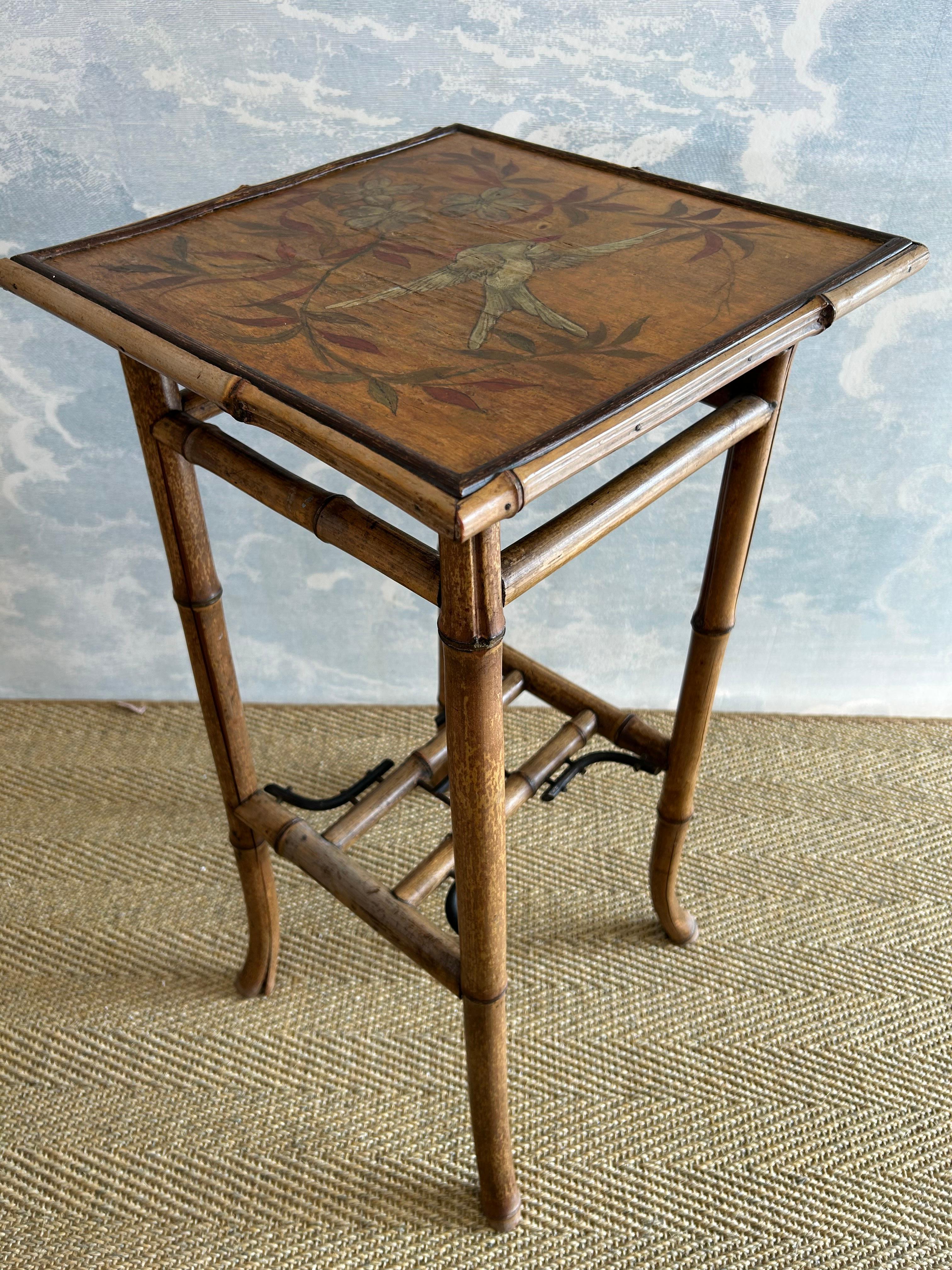Bamboo Pedestal Table with Hand Painted Bird And Flower Motif, France, 19th Cent en vente 1