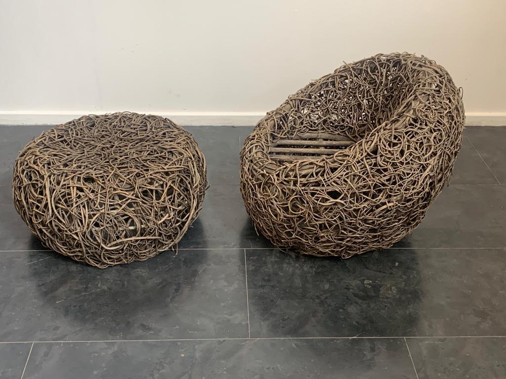 Bamboo Puff Chair and Wicker, 1970, Set of 2 In Good Condition In Montelabbate, PU