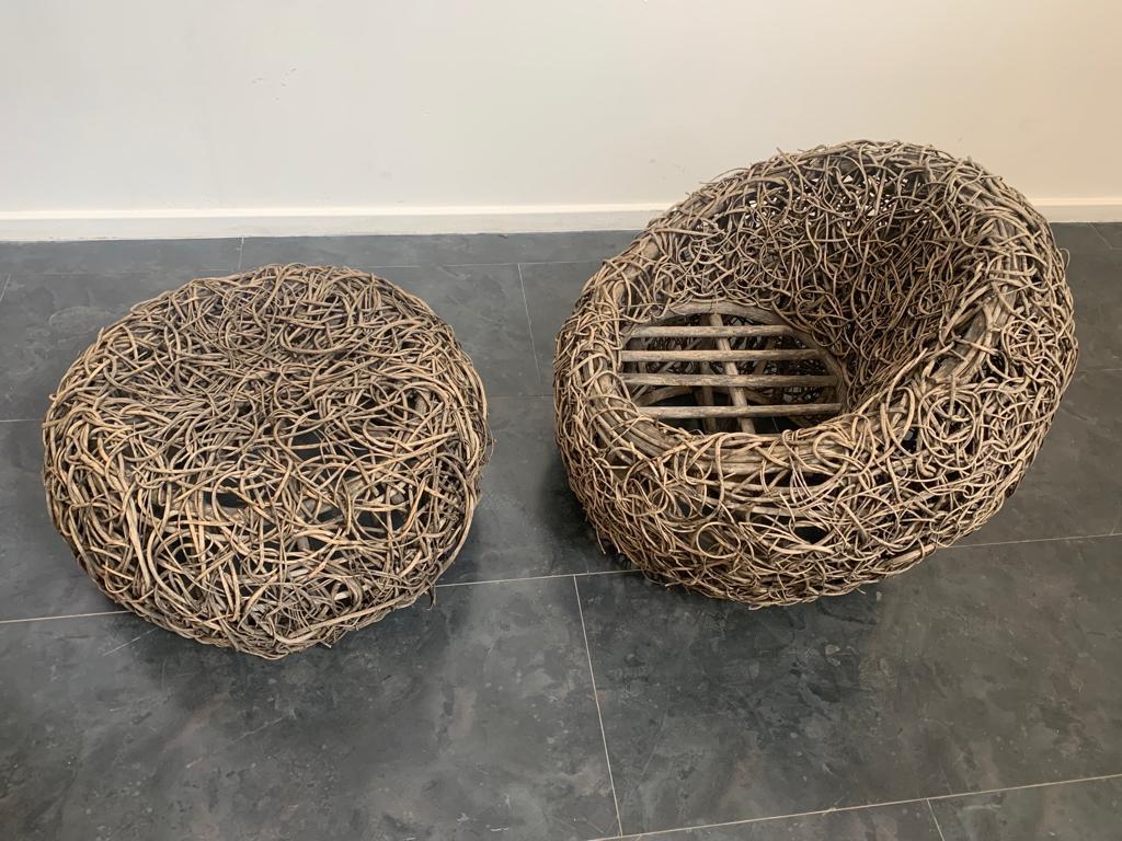 Bamboo Puff Chair and Wicker, 1970, Set of 2 1