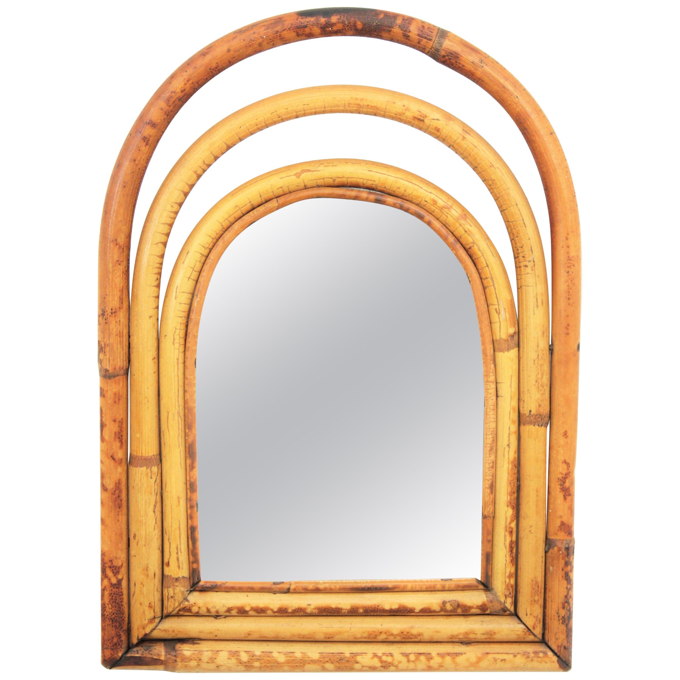 Bamboo Ratan Mini Size Arched Mirror in the Style of Franco Albini