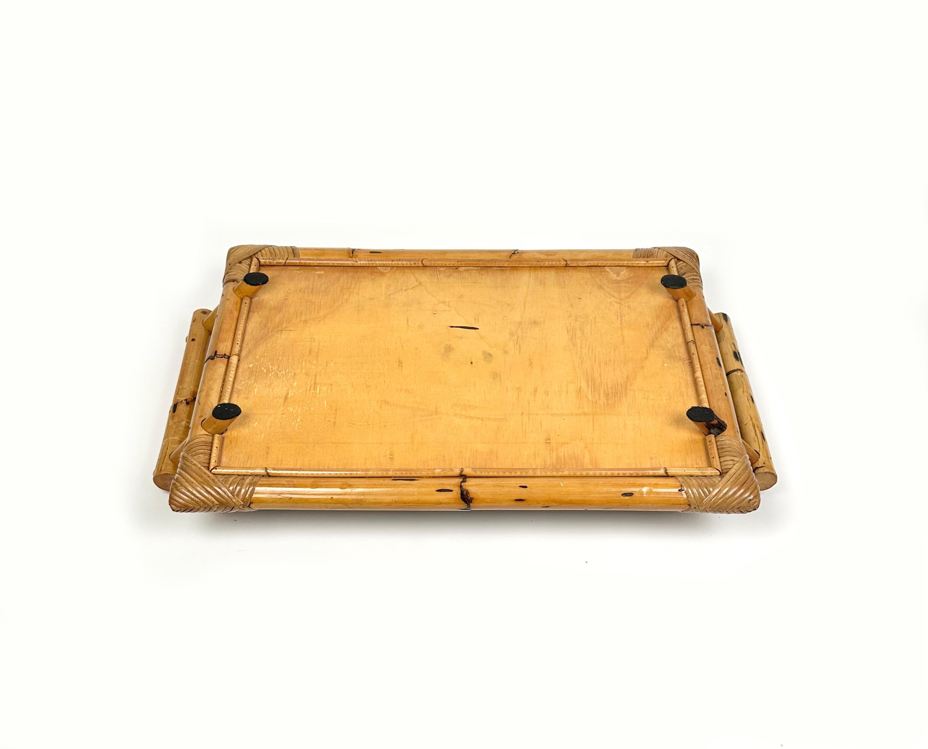 Bamboo, Rattan and Black Laminate Large Rectangular Serving Tray, Italy 1970s For Sale 3