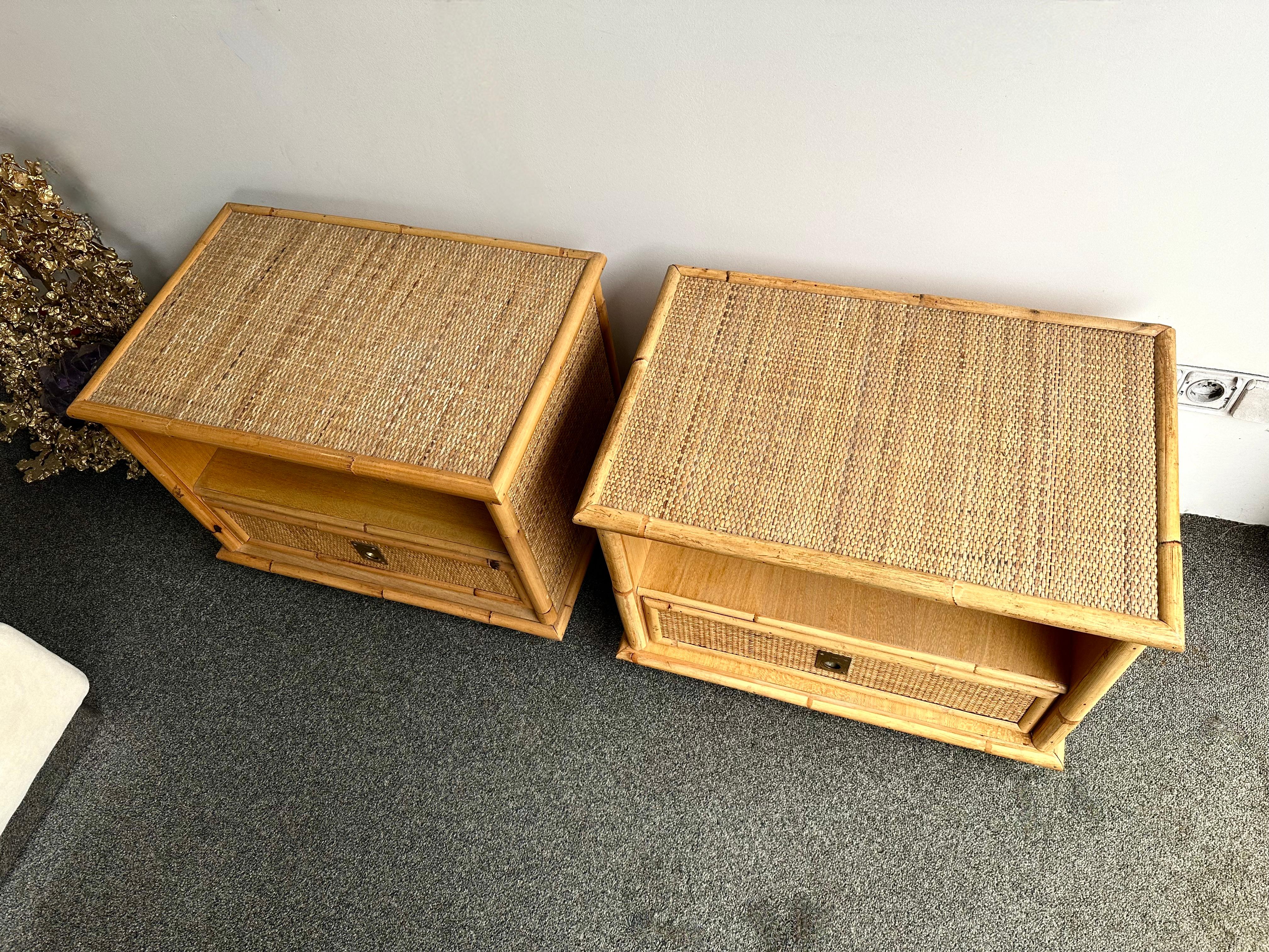 Bamboo Rattan and Brass Bedside Tables by Dal Vera, Italy, 1970s 4