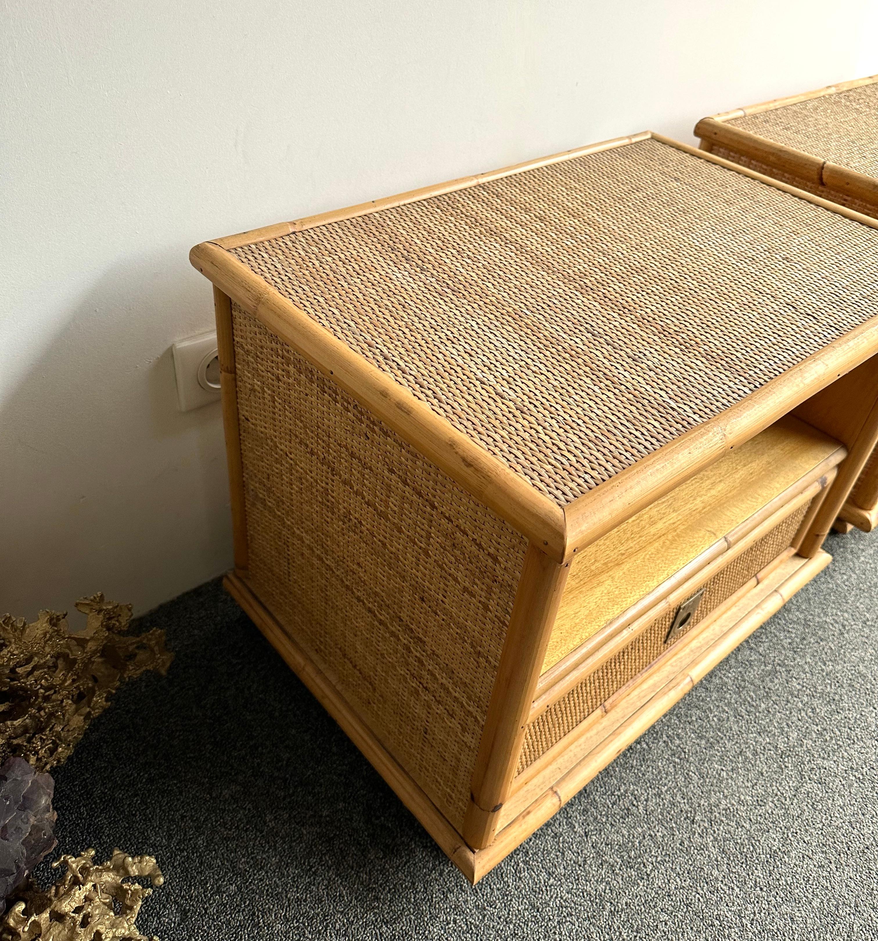 Bamboo Rattan and Brass Bedside Tables by Dal Vera, Italy, 1970s 5