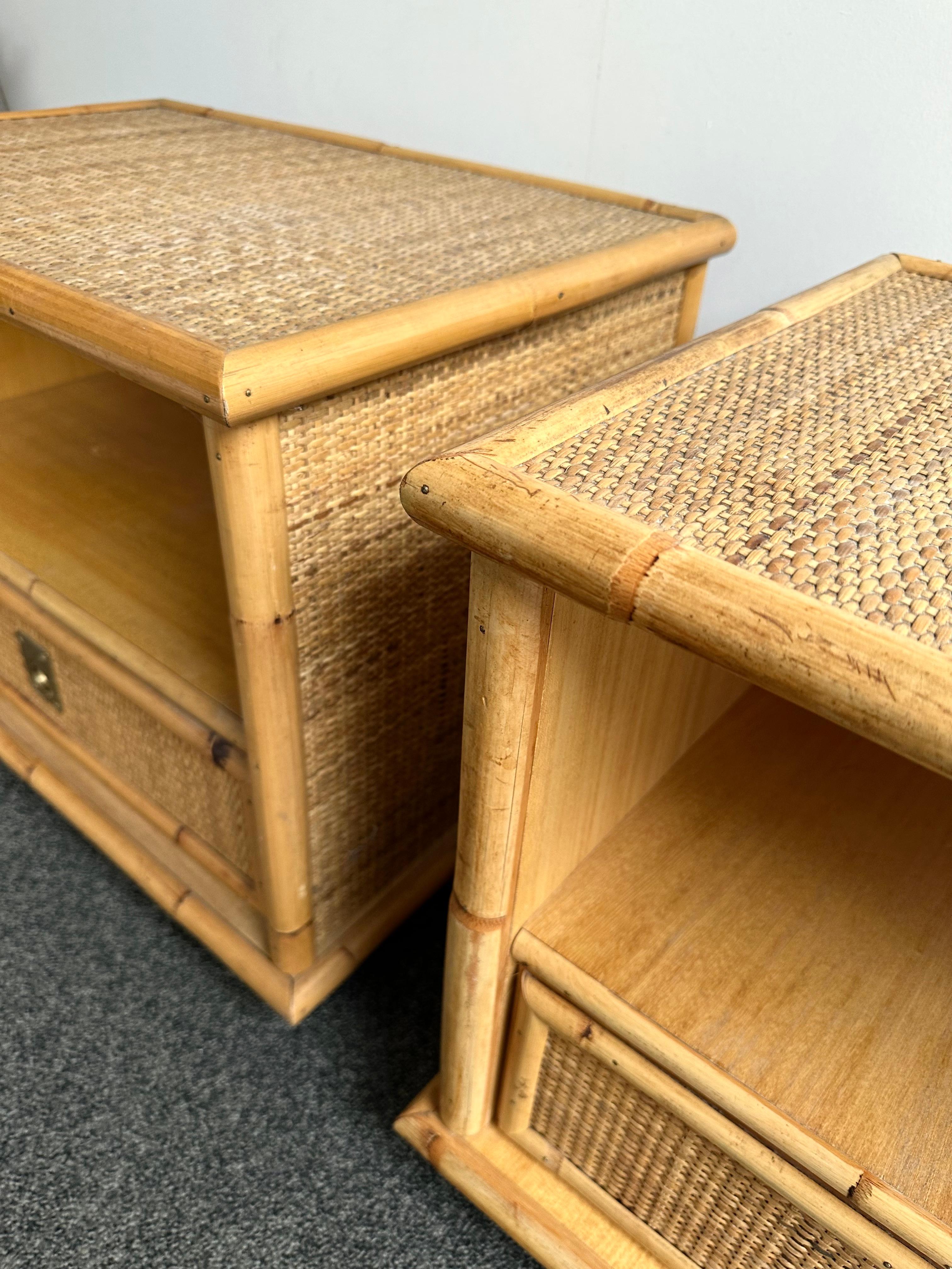 Bamboo Rattan and Brass Bedside Tables by Dal Vera, Italy, 1970s In Good Condition In SAINT-OUEN, FR