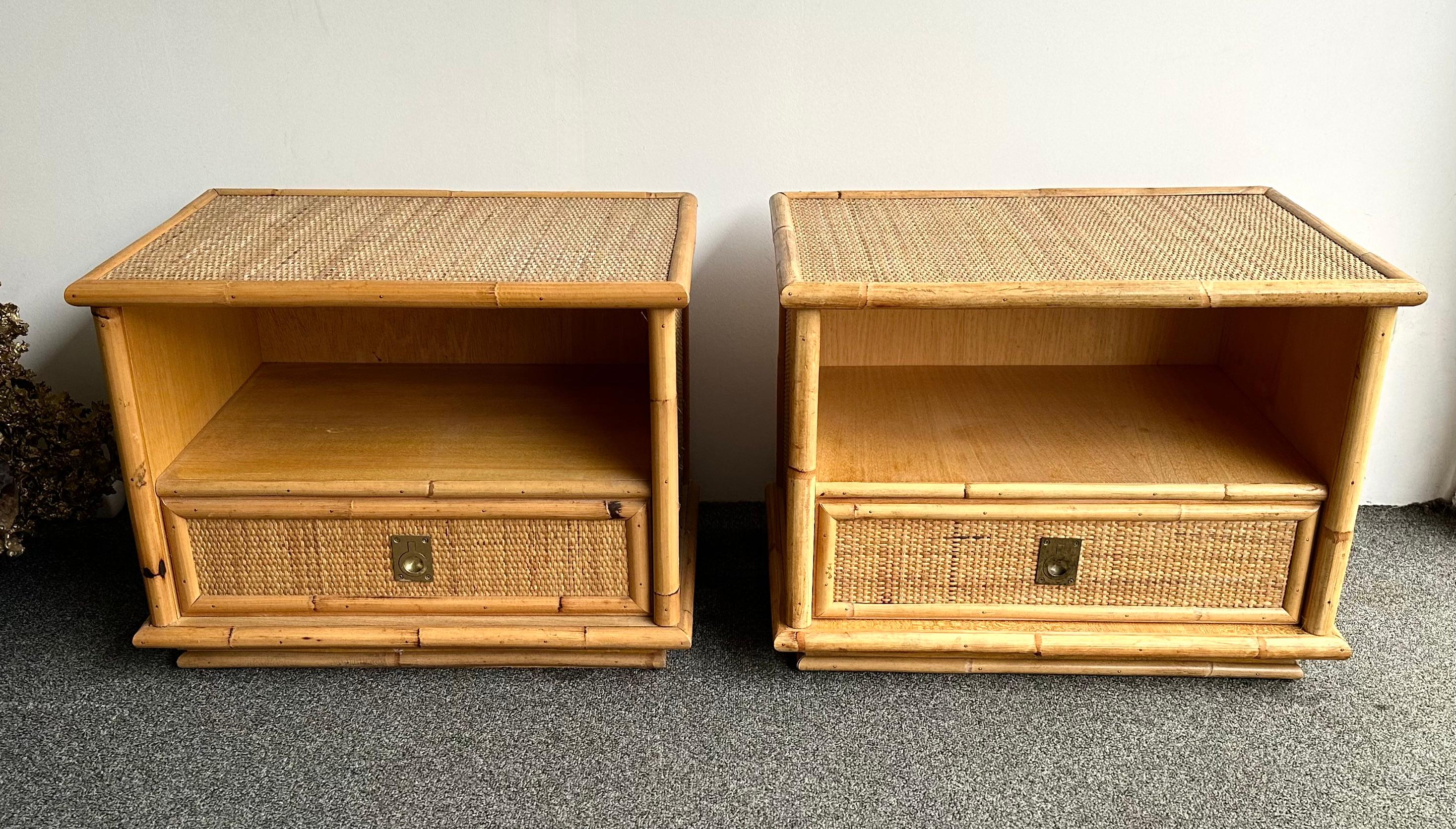 Late 20th Century Bamboo Rattan and Brass Bedside Tables by Dal Vera, Italy, 1970s