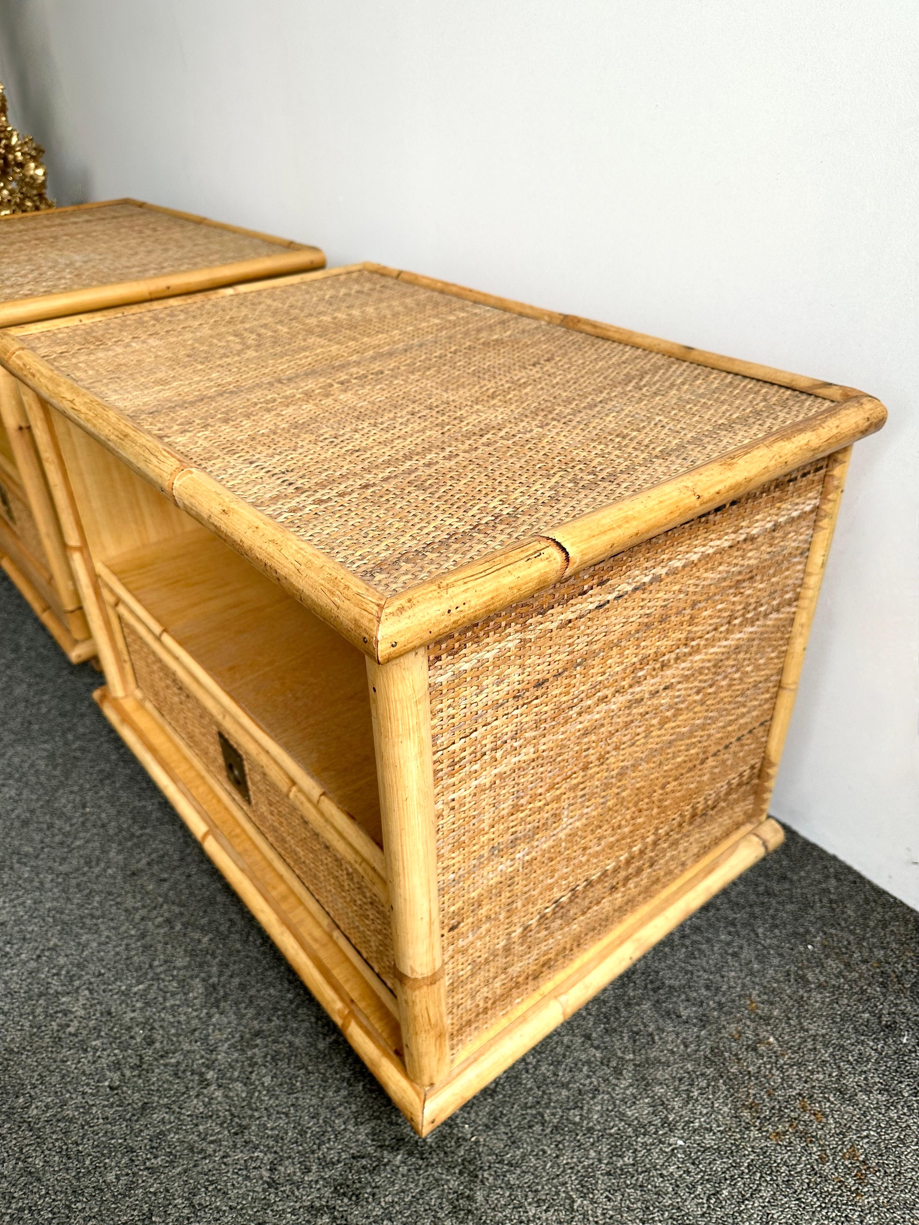 Bamboo Rattan and Brass Bedside Tables by Dal Vera, Italy, 1970s 1