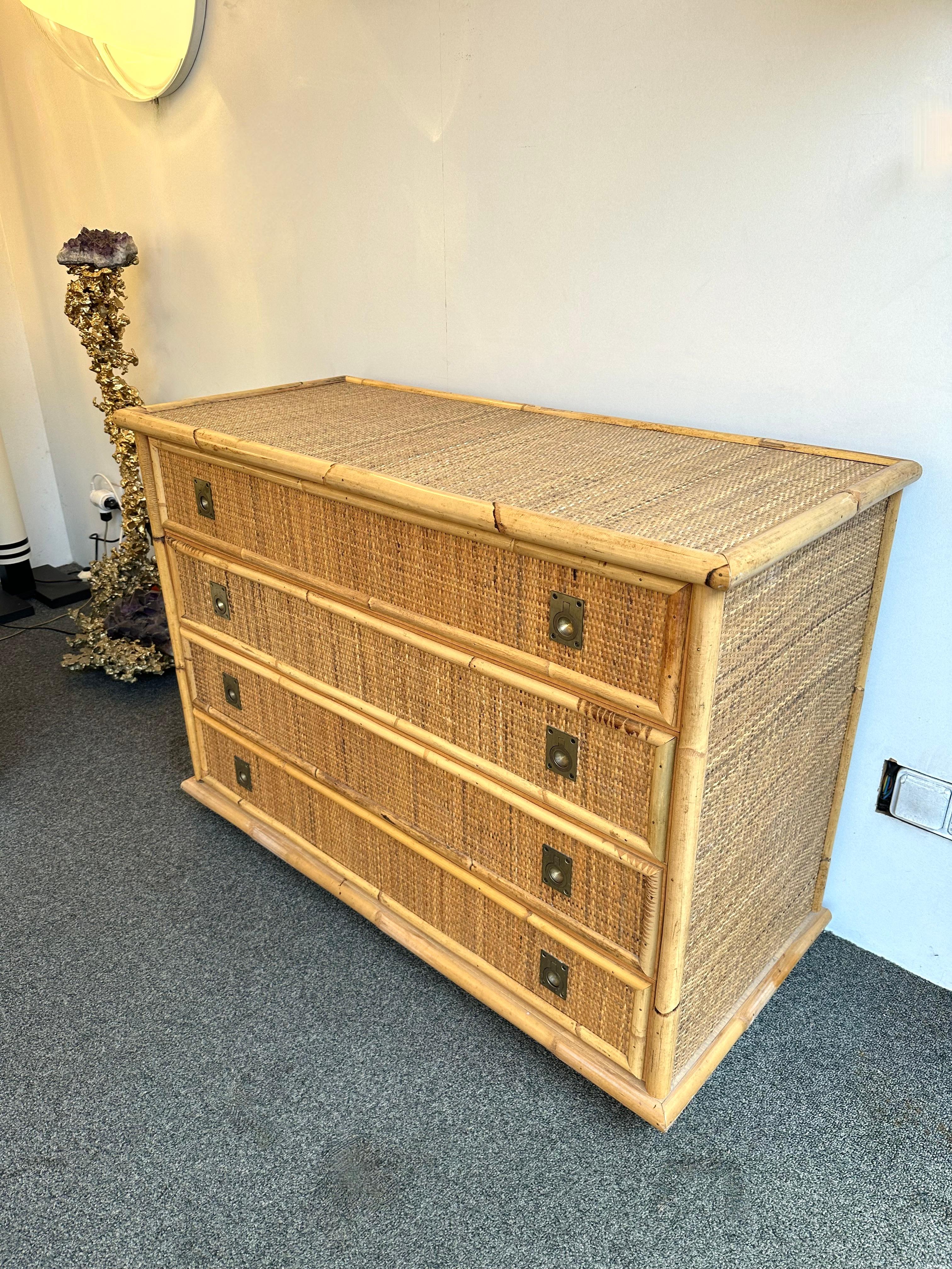 Bamboo Rattan and Brass Chest of Drawers by Dal Vera, Italy, 1970s For Sale 6