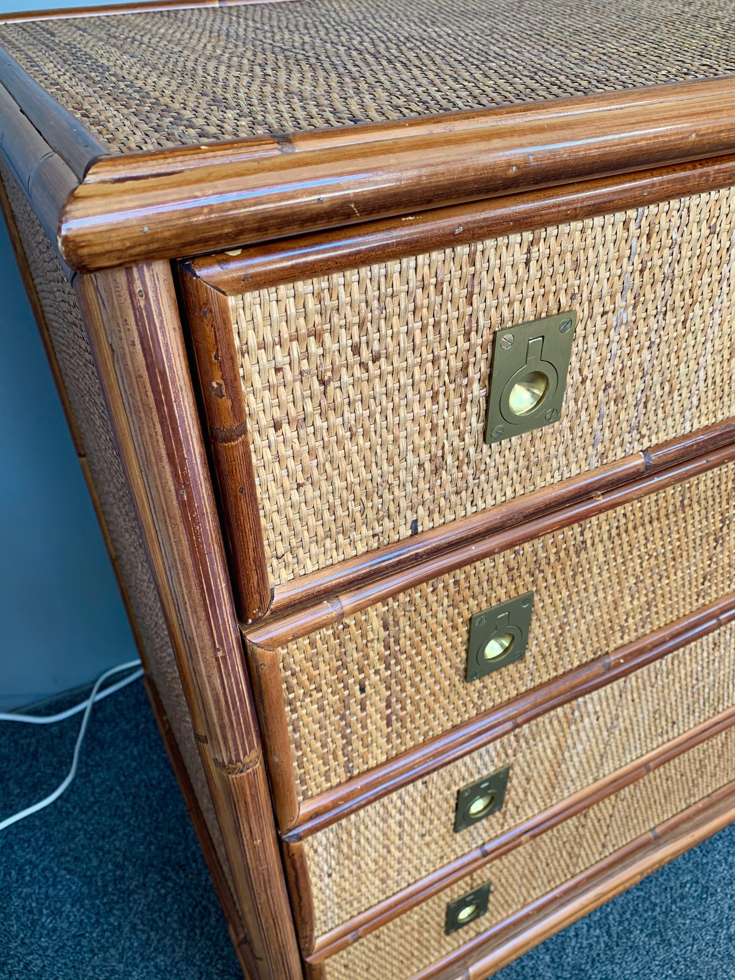 Nice mix of bamboo, rattan and brass handle chest of drawers or commode by the manufacture Dal Vera. Famous design like Renato Zevi, Romeo Rega.