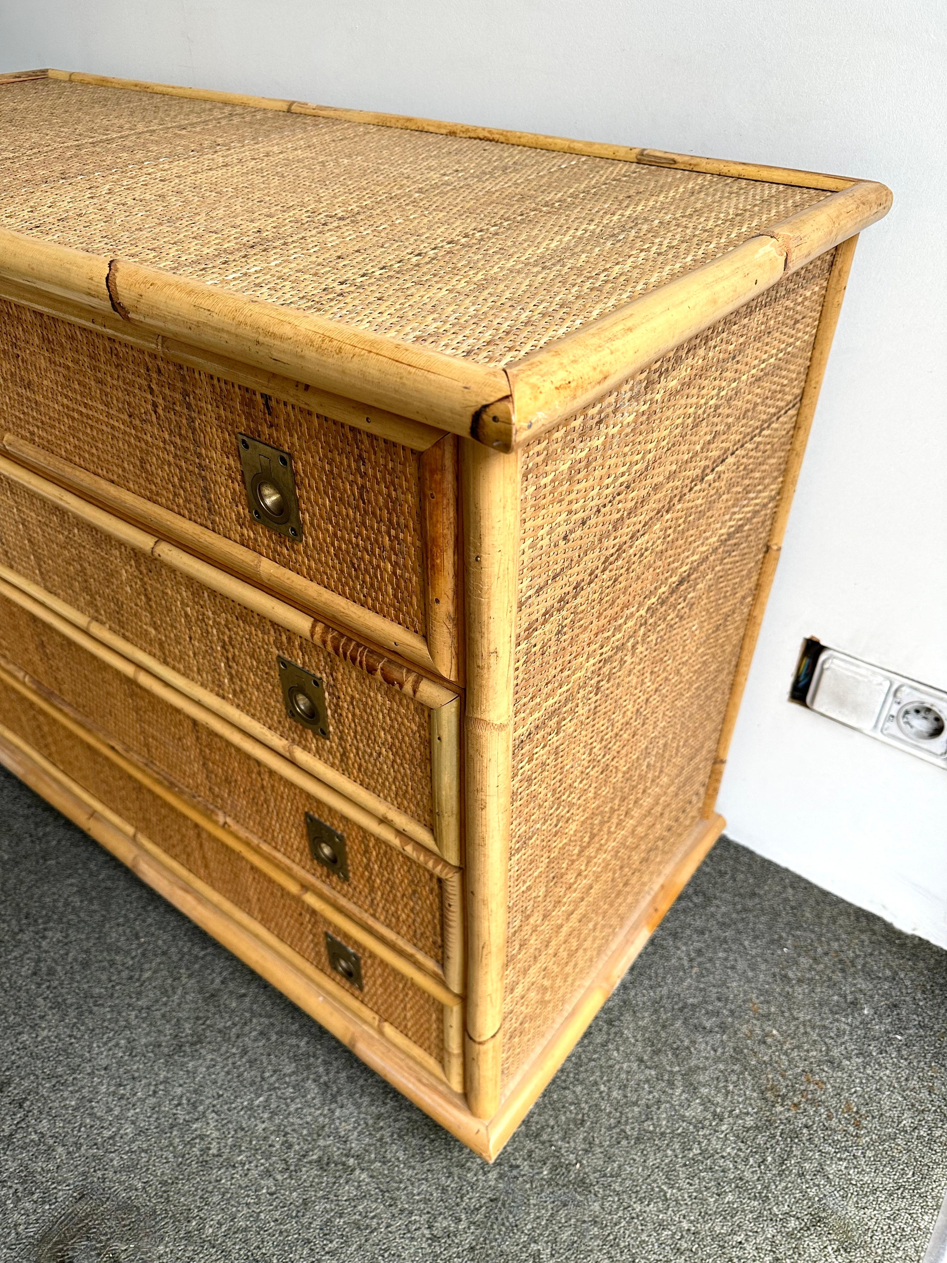 Mid-Century Modern Bamboo Rattan and Brass Chest of Drawers by Dal Vera, Italy, 1970s For Sale