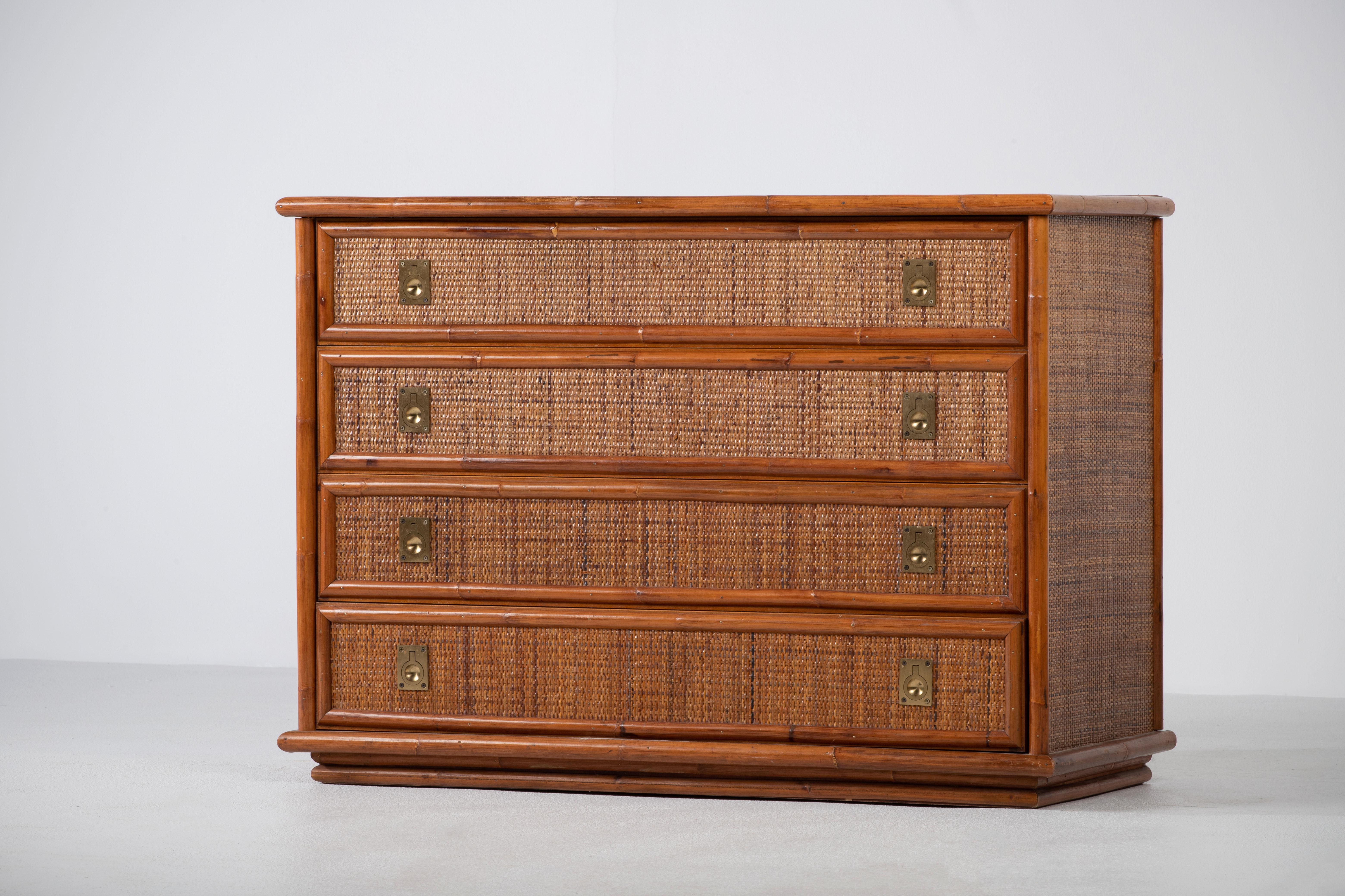 Mid-Century Modern Bamboo/Rattan and Brass Chest of Drawers by Dal Vera, Italy, 1970s