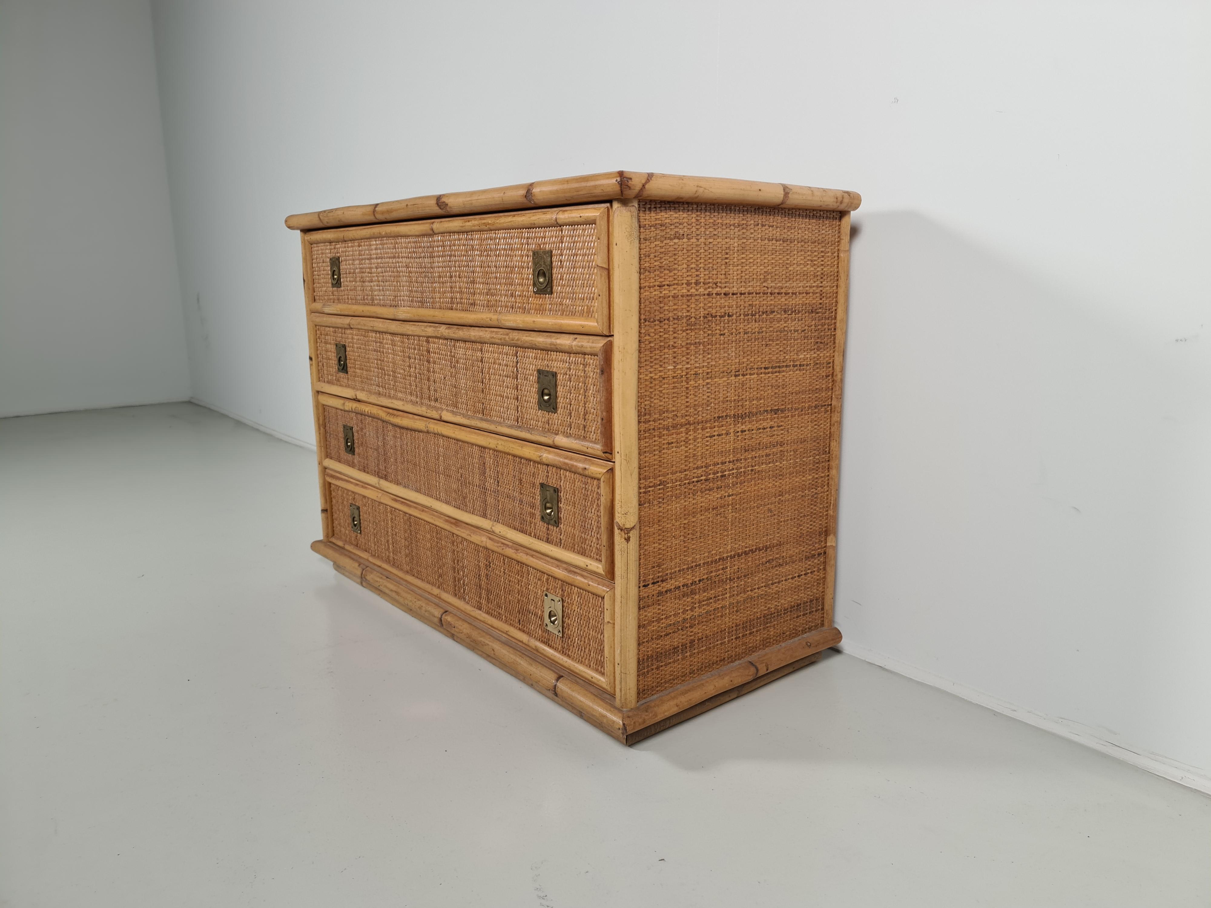 Mid-Century Modern Bamboo/Rattan and Brass Chest of Drawers by Dal Vera, Italy, 1970s