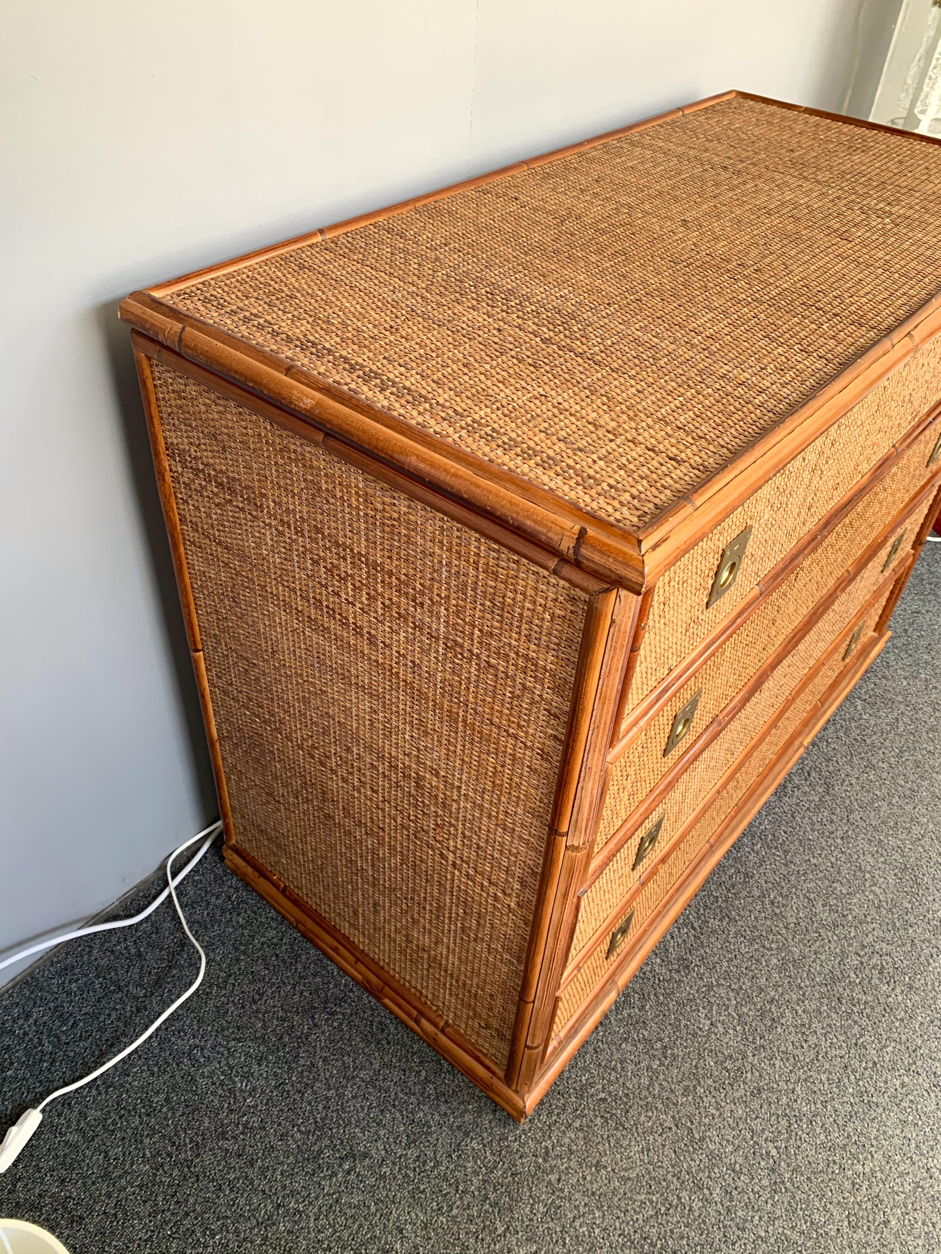 Italian Bamboo Rattan and Brass Chest of Drawers by Dal Vera, Italy, 1970s