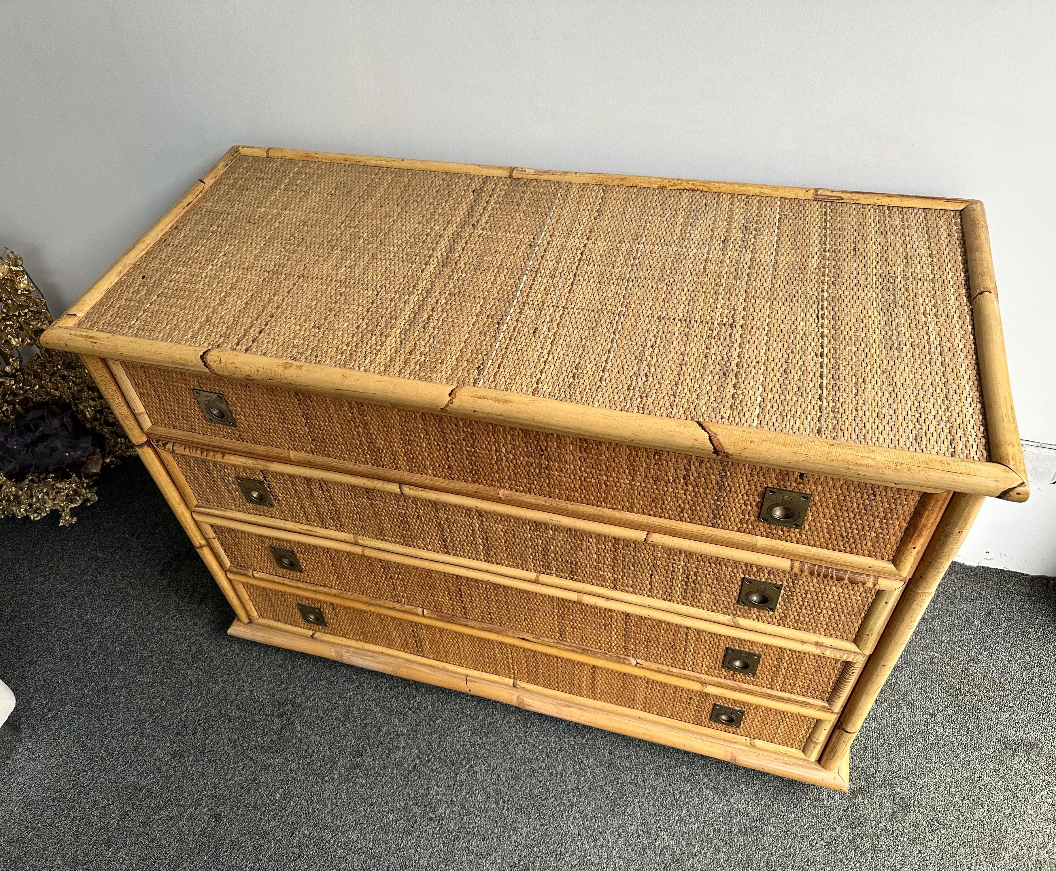 Italian Bamboo Rattan and Brass Chest of Drawers by Dal Vera, Italy, 1970s For Sale