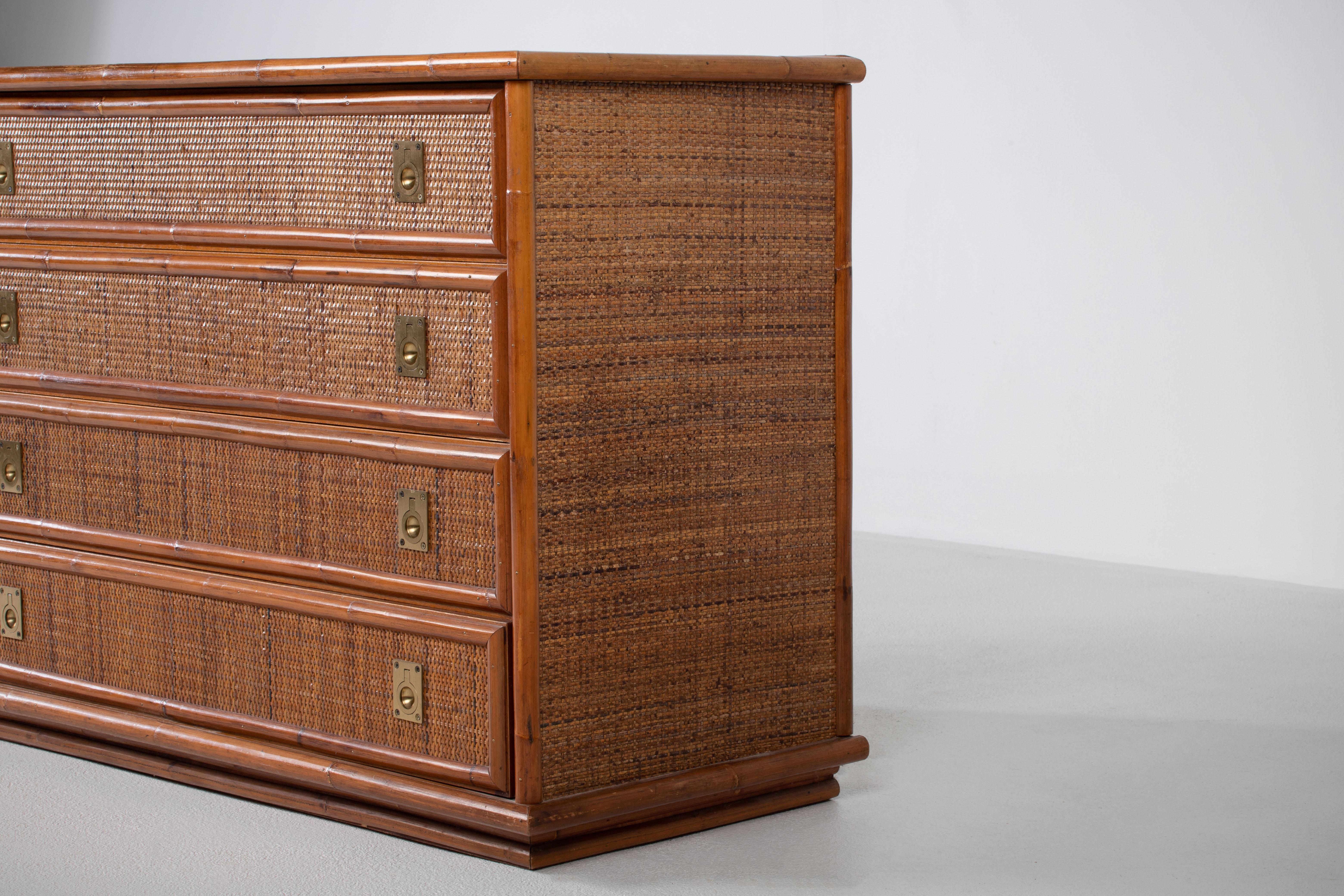 Italian Bamboo/Rattan and Brass Chest of Drawers by Dal Vera, Italy, 1970s