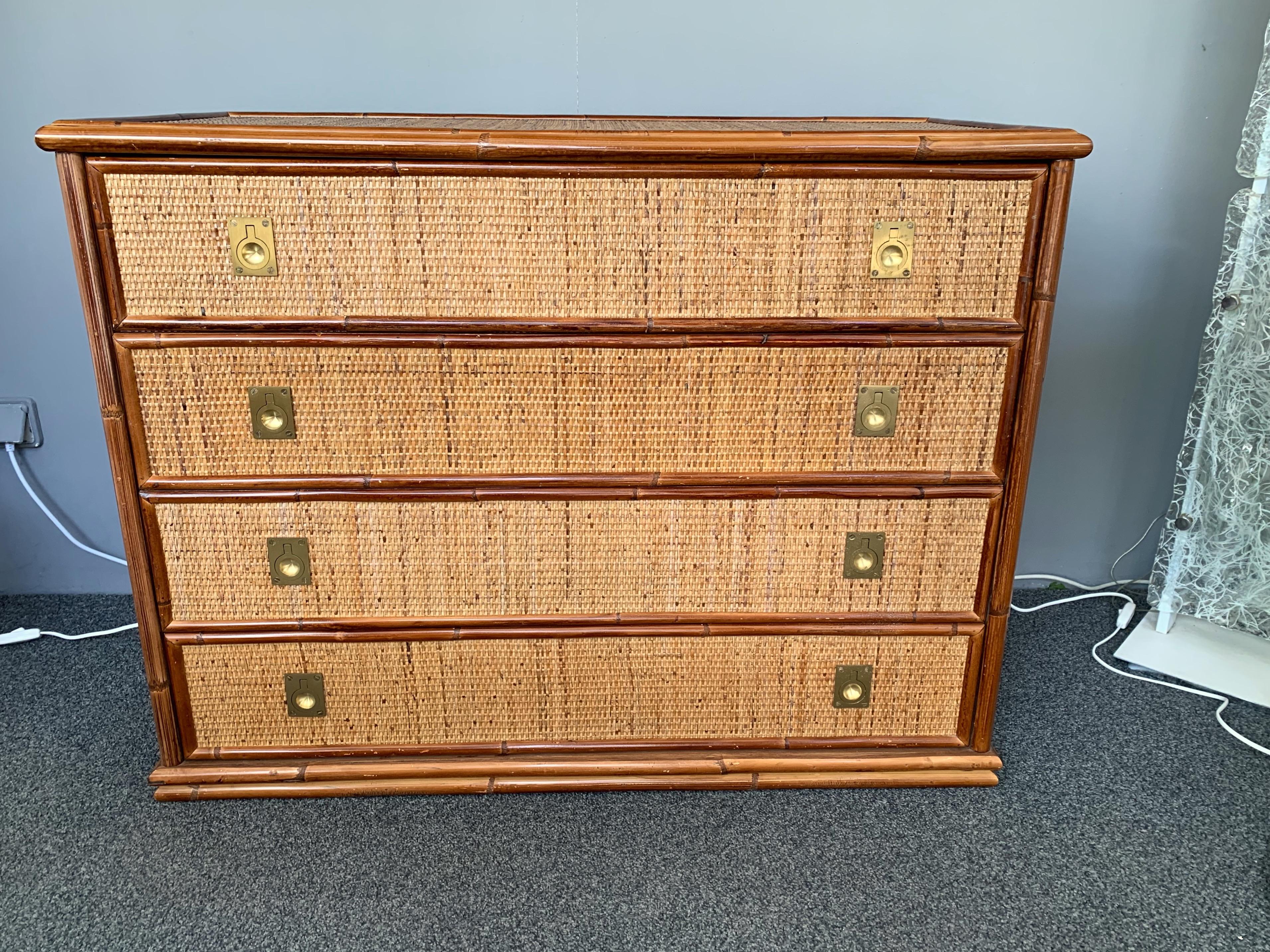 Bamboo Rattan and Brass Chest of Drawers by Dal Vera, Italy, 1970s In Good Condition In SAINT-OUEN, FR