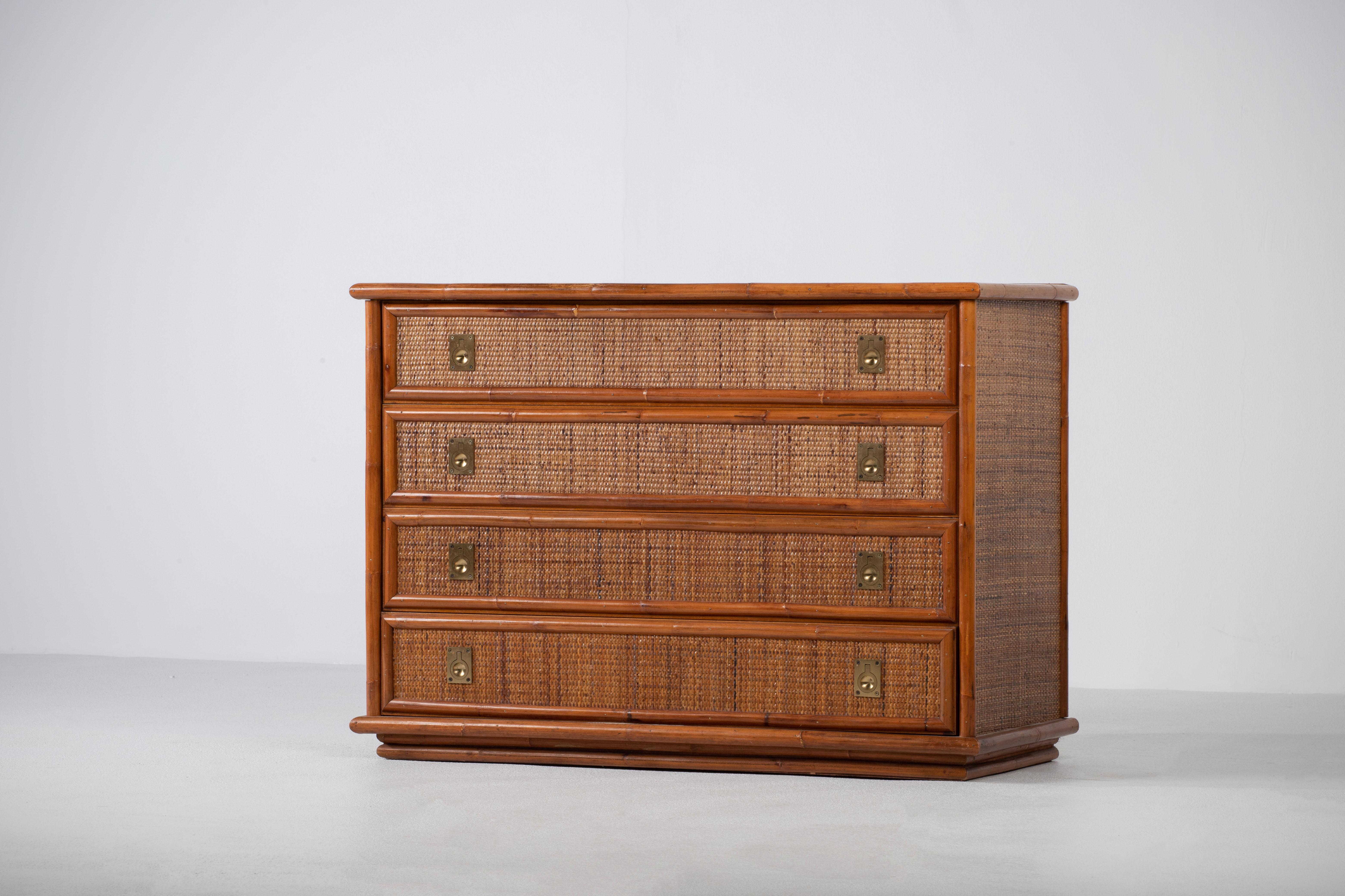 Bamboo/Rattan and Brass Chest of Drawers by Dal Vera, Italy, 1970s In Good Condition In Wiesbaden, DE