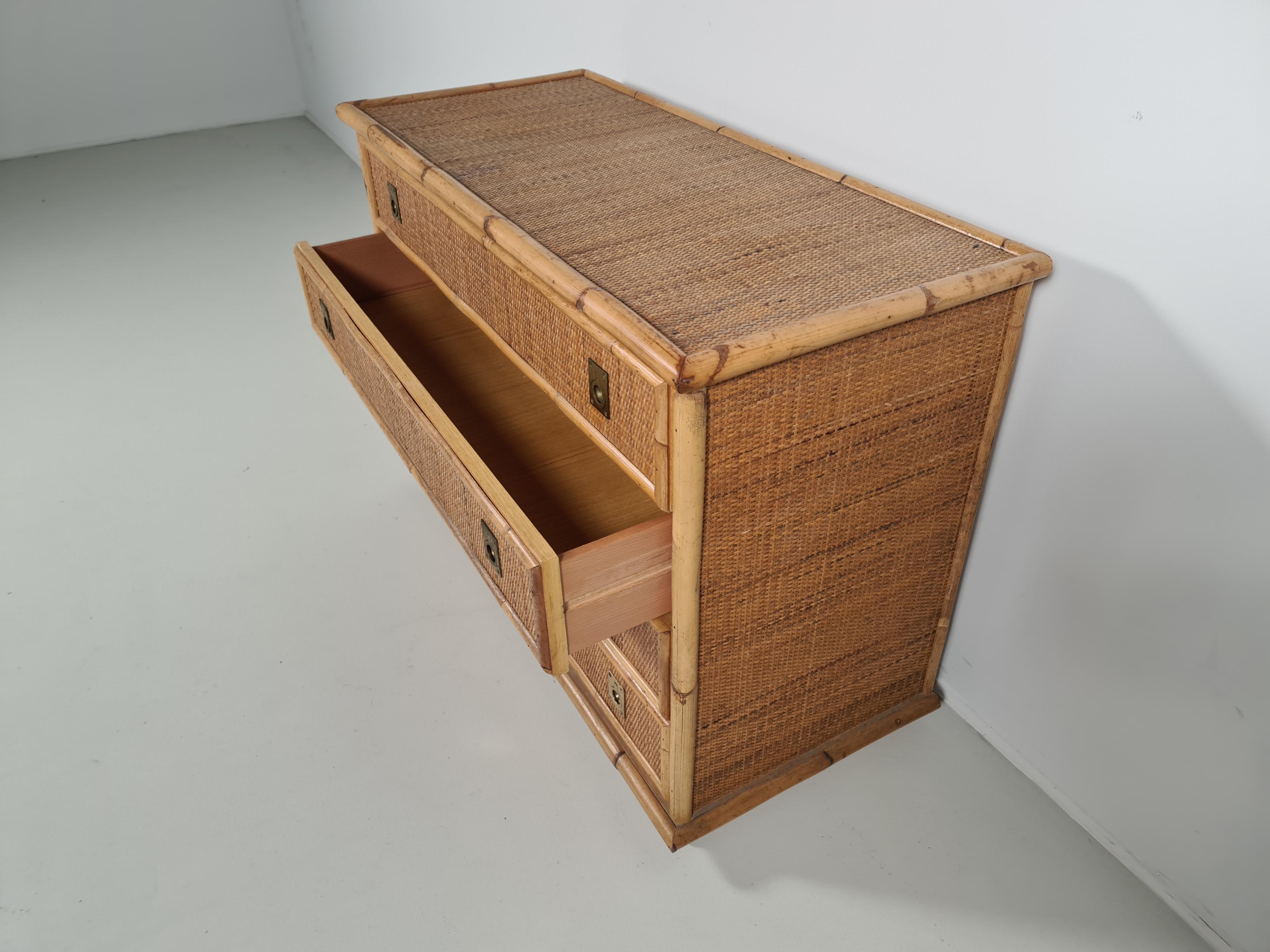 Bamboo/Rattan and Brass Chest of Drawers by Dal Vera, Italy, 1970s In Good Condition In amstelveen, NL