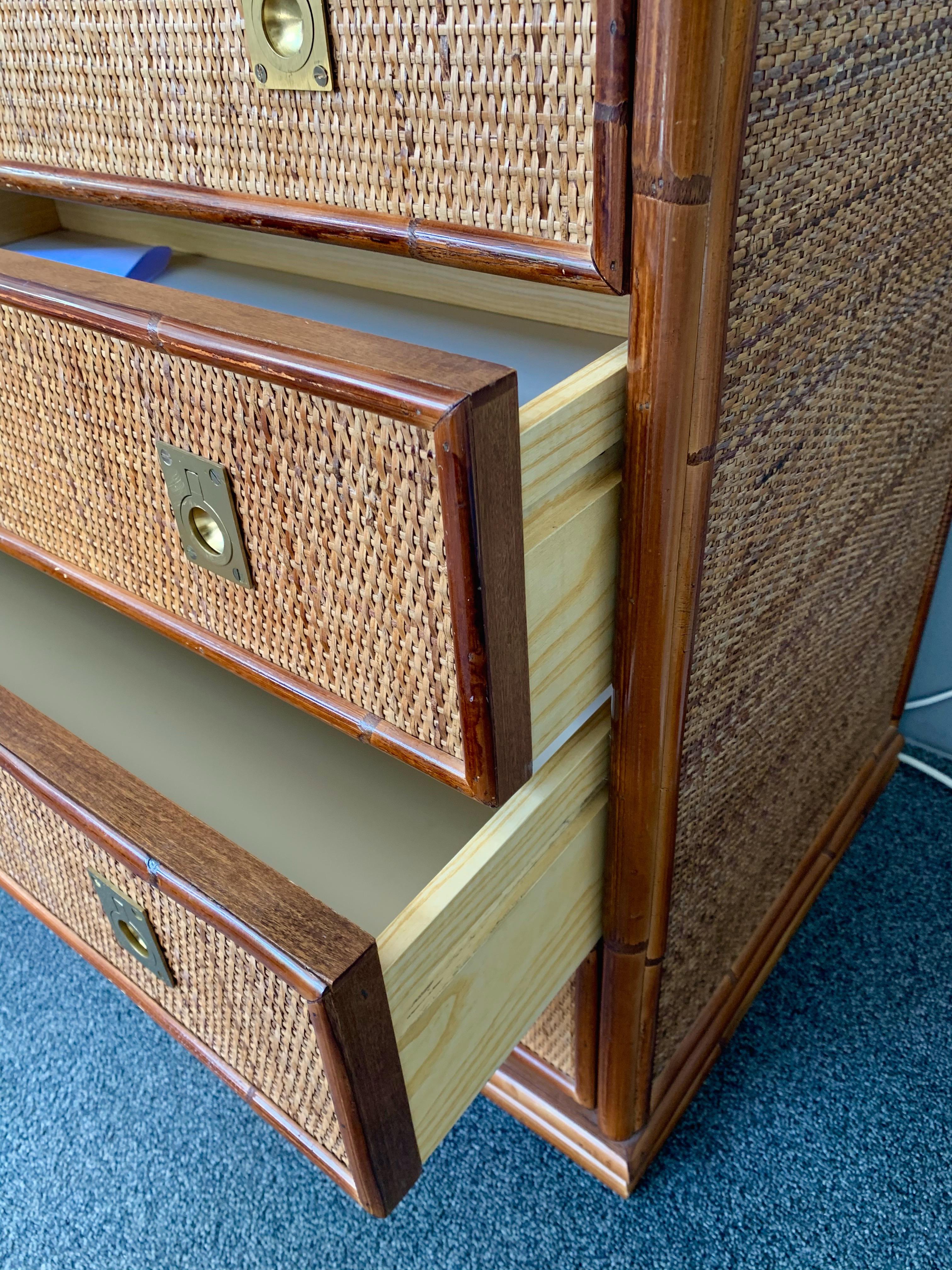 Late 20th Century Bamboo Rattan and Brass Chest of Drawers by Dal Vera, Italy, 1970s