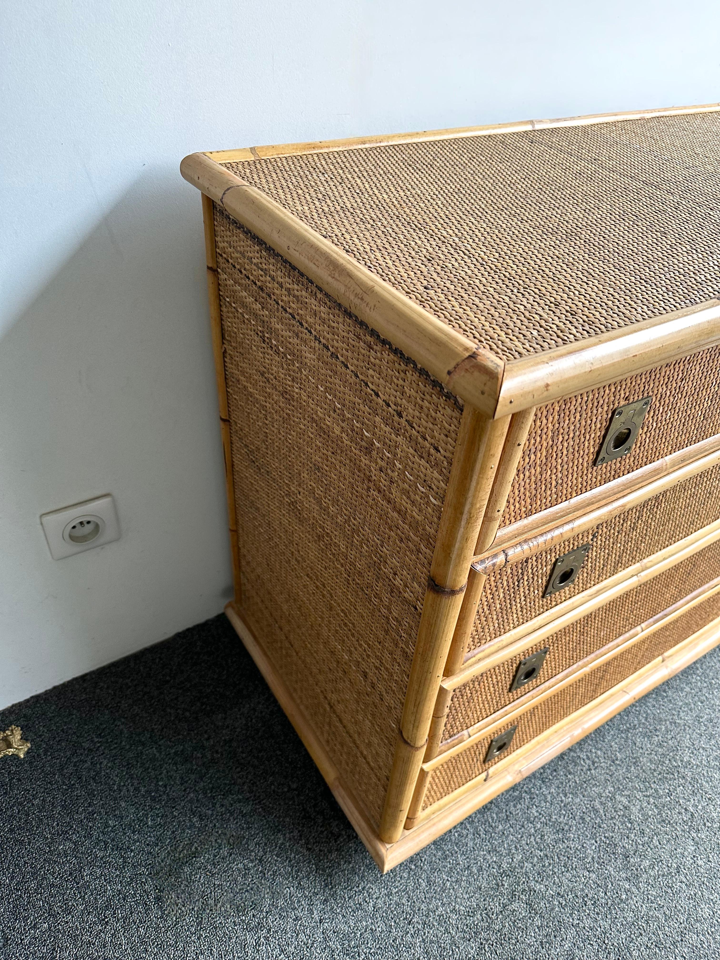 Late 20th Century Bamboo Rattan and Brass Chest of Drawers by Dal Vera, Italy, 1970s For Sale