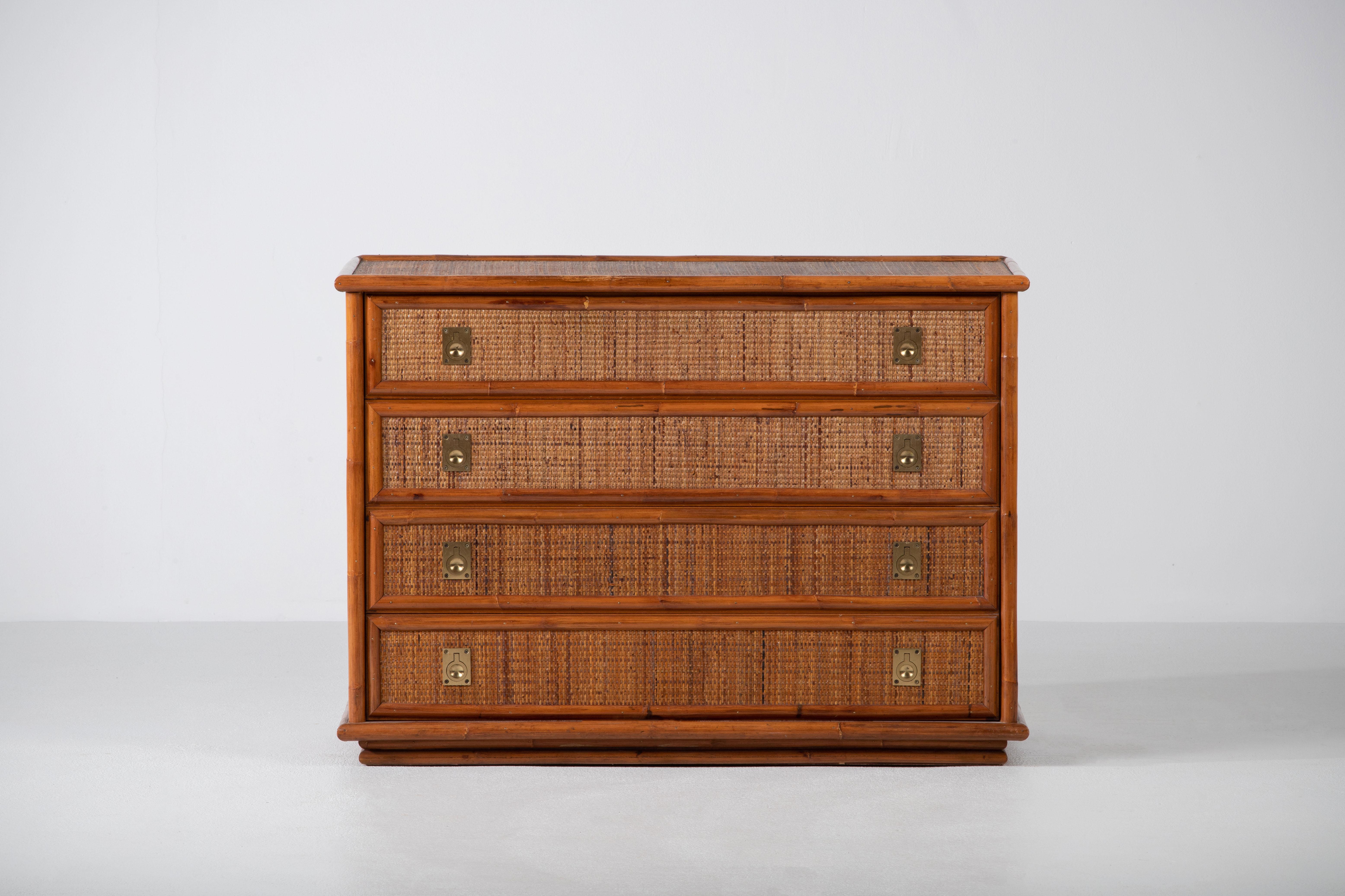 Late 20th Century Bamboo/Rattan and Brass Chest of Drawers by Dal Vera, Italy, 1970s