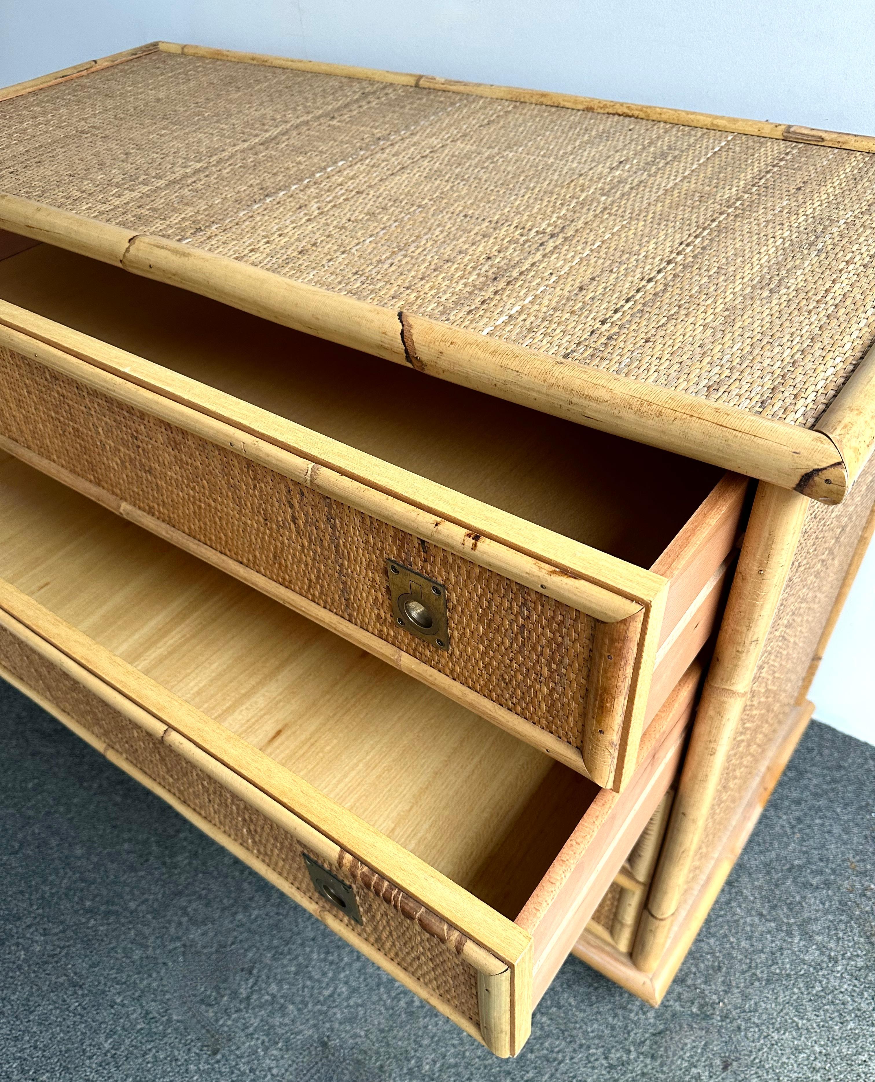 Bamboo Rattan and Brass Chest of Drawers by Dal Vera, Italy, 1970s For Sale 1