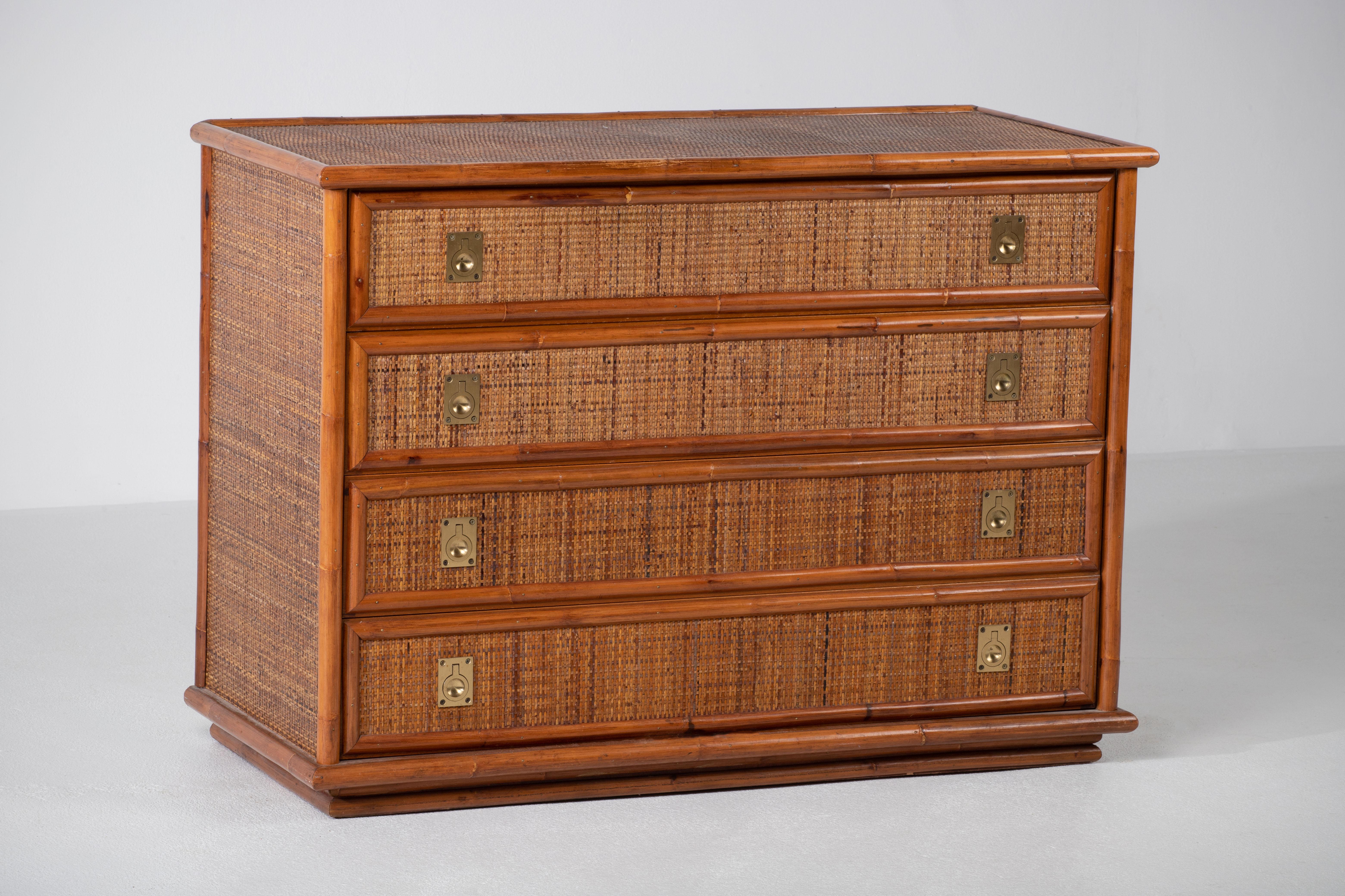 Bamboo/Rattan and Brass Chest of Drawers by Dal Vera, Italy, 1970s 1