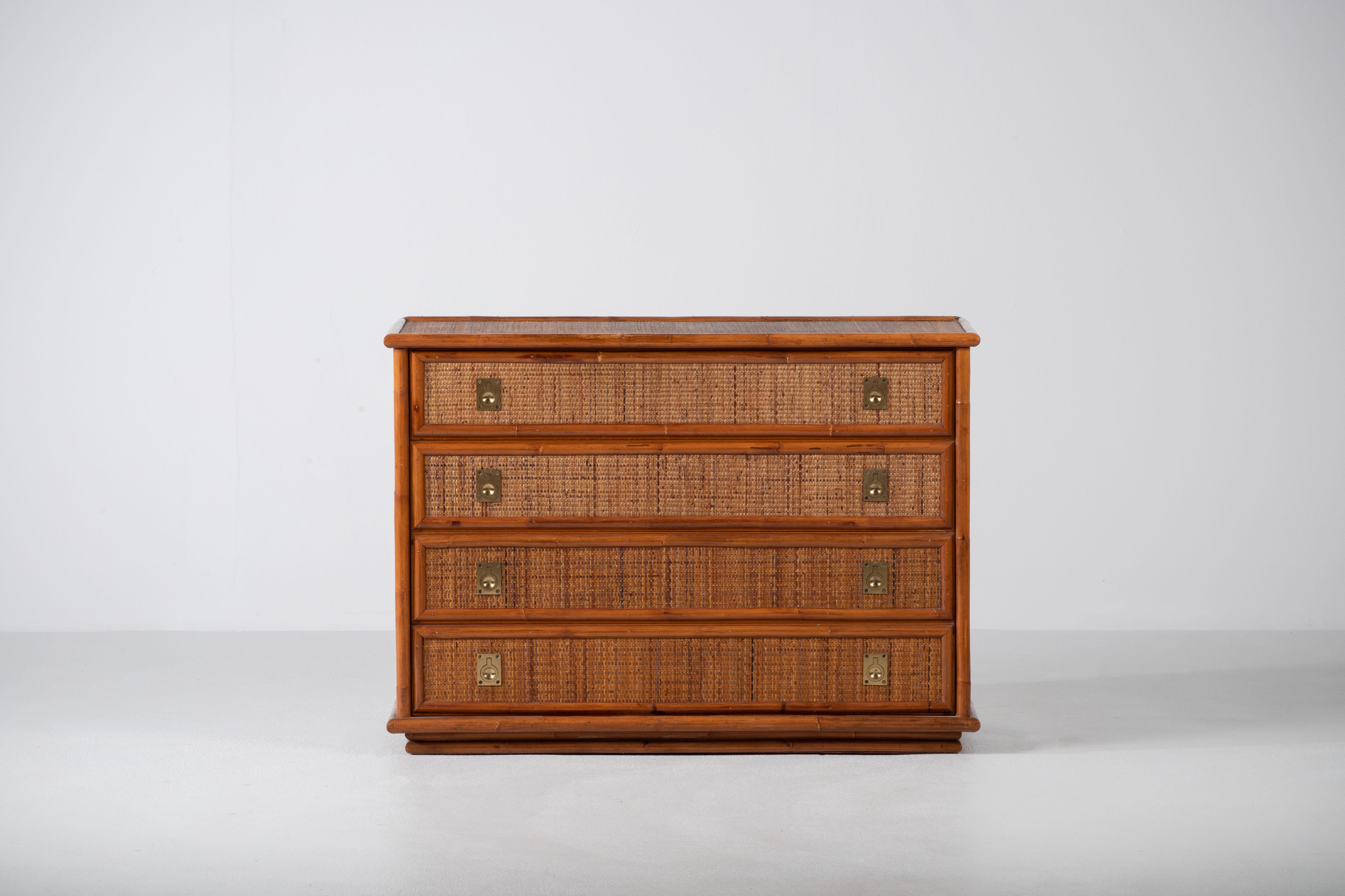 Bamboo/Rattan and Brass Chest of Drawers by Dal Vera, Italy, 1970s 2