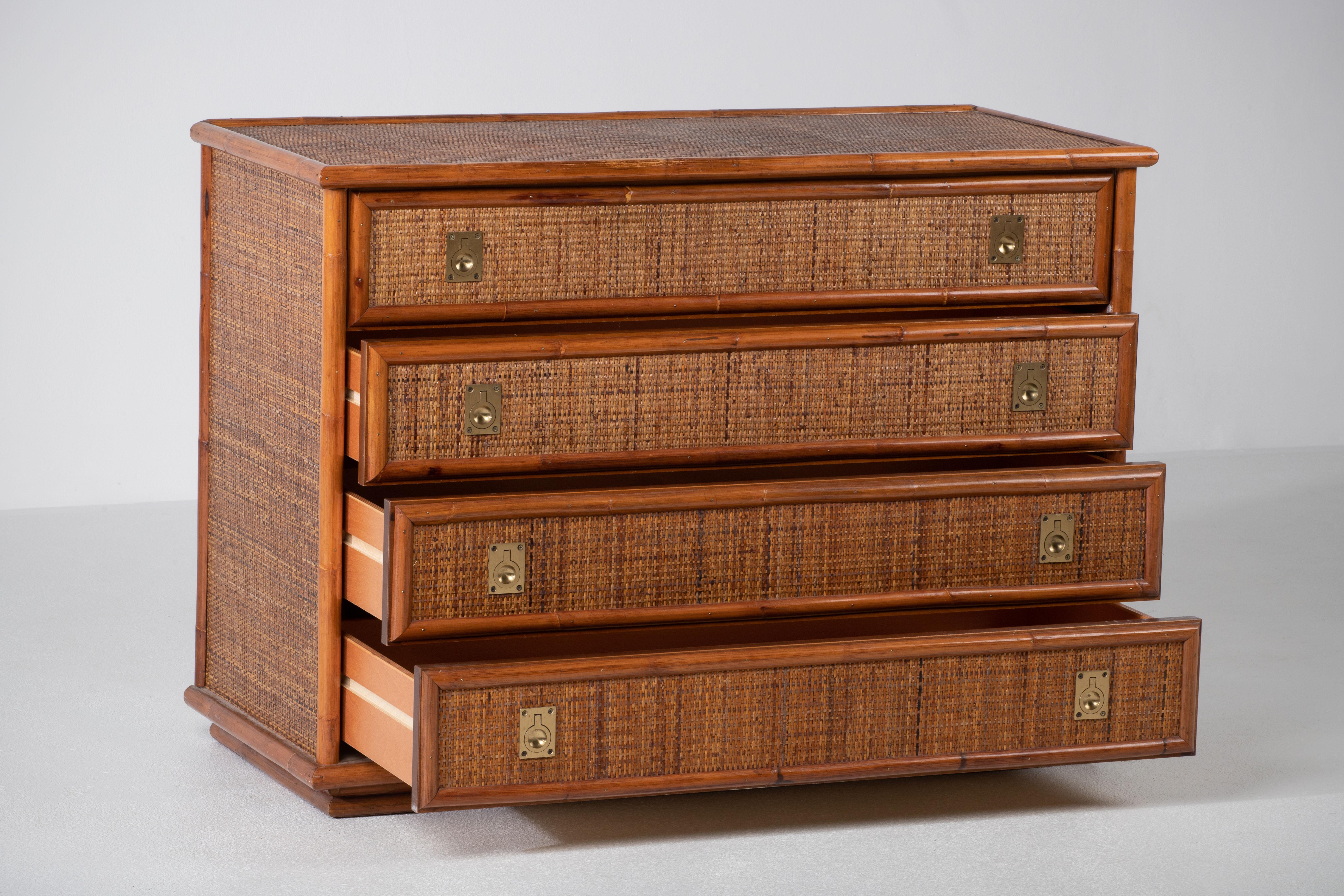 Bamboo/Rattan and Brass Chest of Drawers by Dal Vera, Italy, 1970s 3