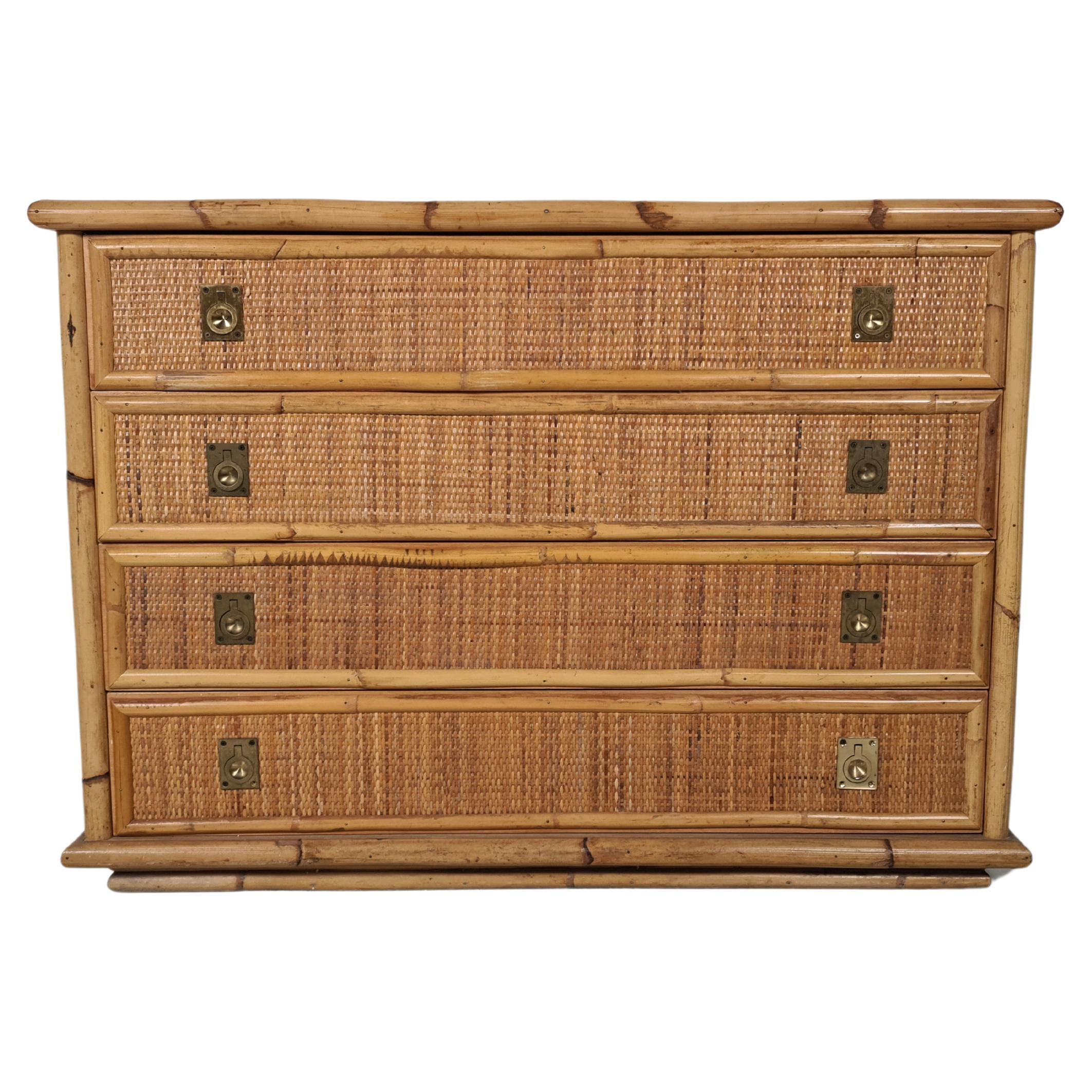 Bamboo/Rattan and Brass Chest of Drawers by Dal Vera, Italy, 1970s