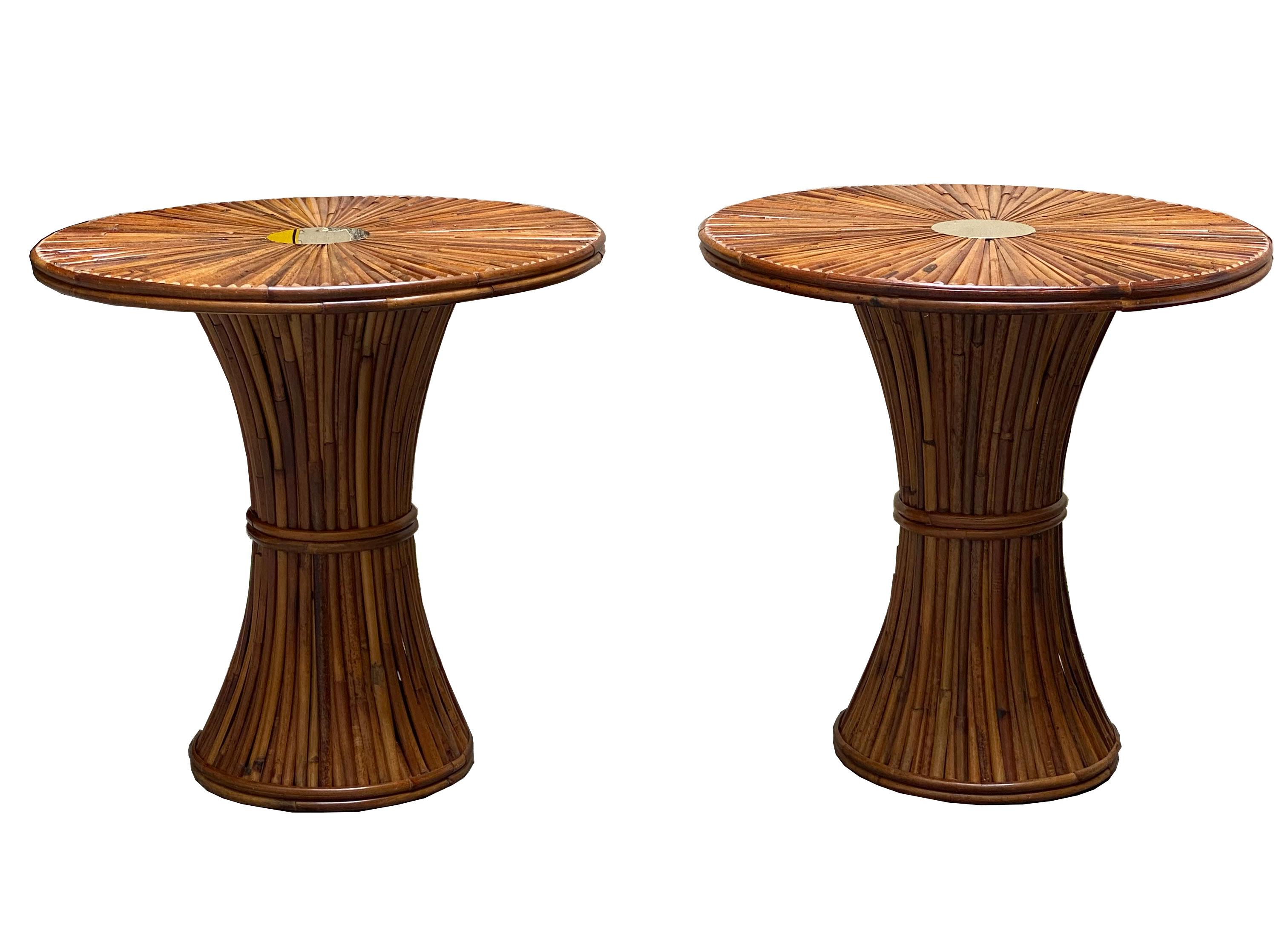 A round bamboo table with brass details, this table is also designed to function as a pair of consoles. Recent Italian manufacture. Artisanal work in the mood of Dal Vera, Vivai del Sud, Hollywood Regency.