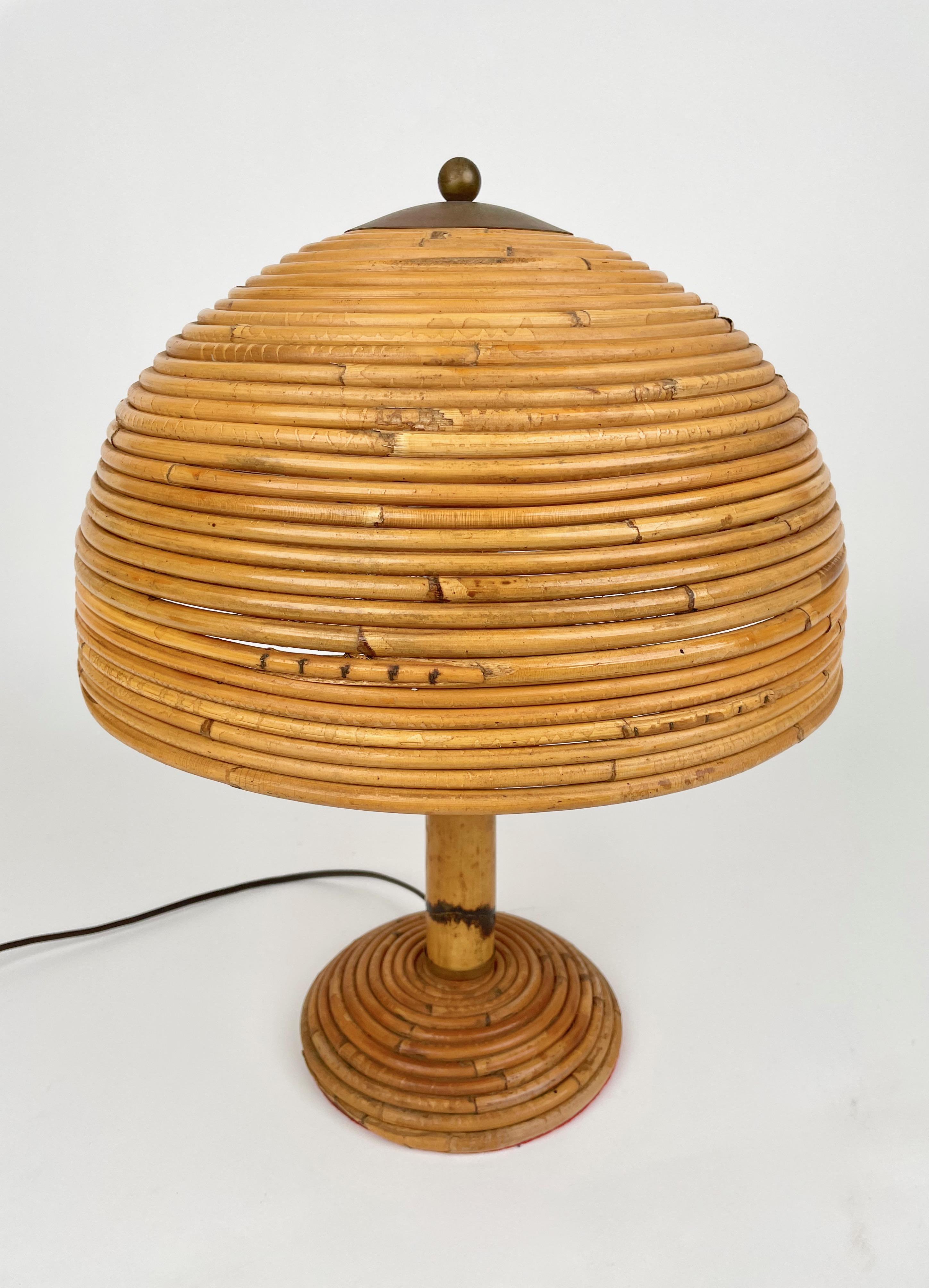 Bamboo, Rattan and Brass Mushroom Table Lamp, Italy 1960s 4