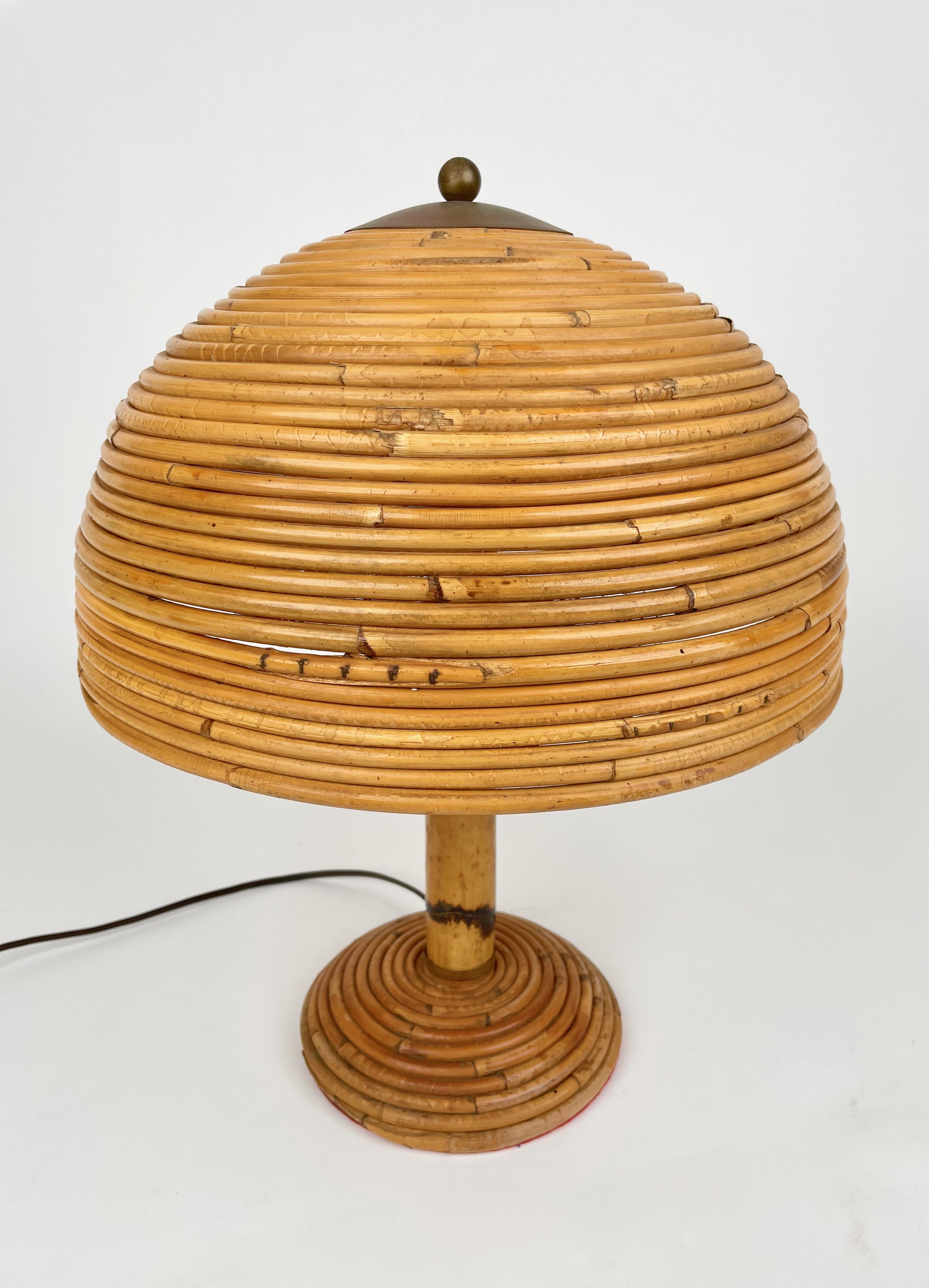 Bamboo, Rattan and Brass Mushroom Table Lamp, Italy 1960s 2