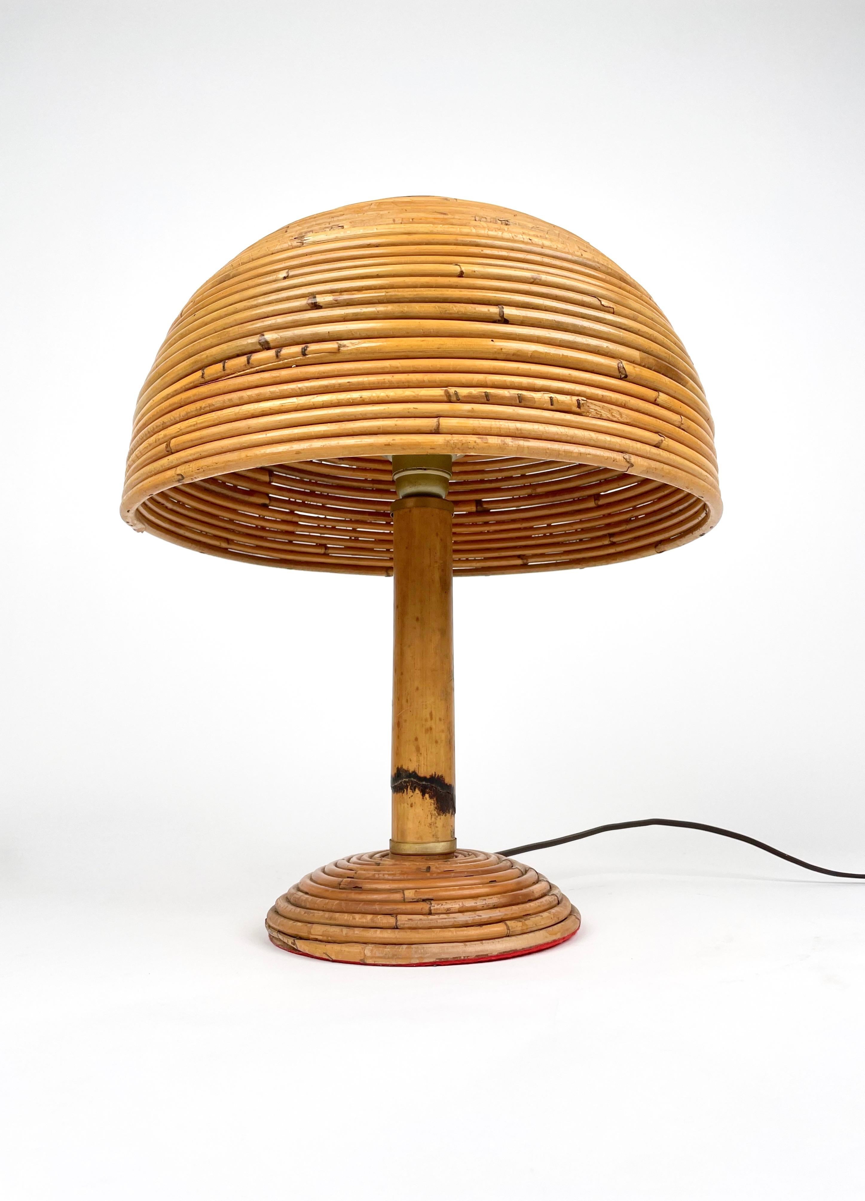 Mid-Century Modern Bamboo, Rattan and Brass Mushroom Table Lamp, Italy 1960s