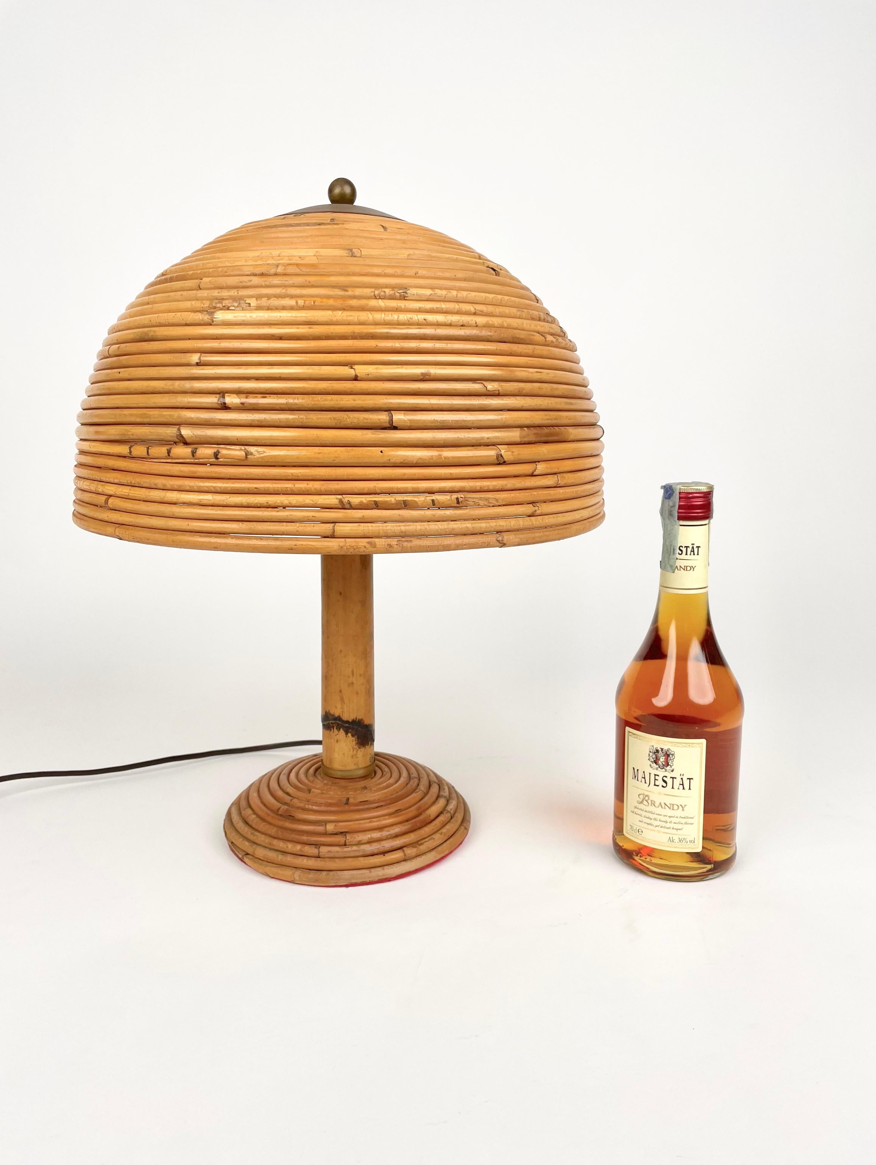 Italian Bamboo, Rattan and Brass Mushroom Table Lamp, Italy 1960s
