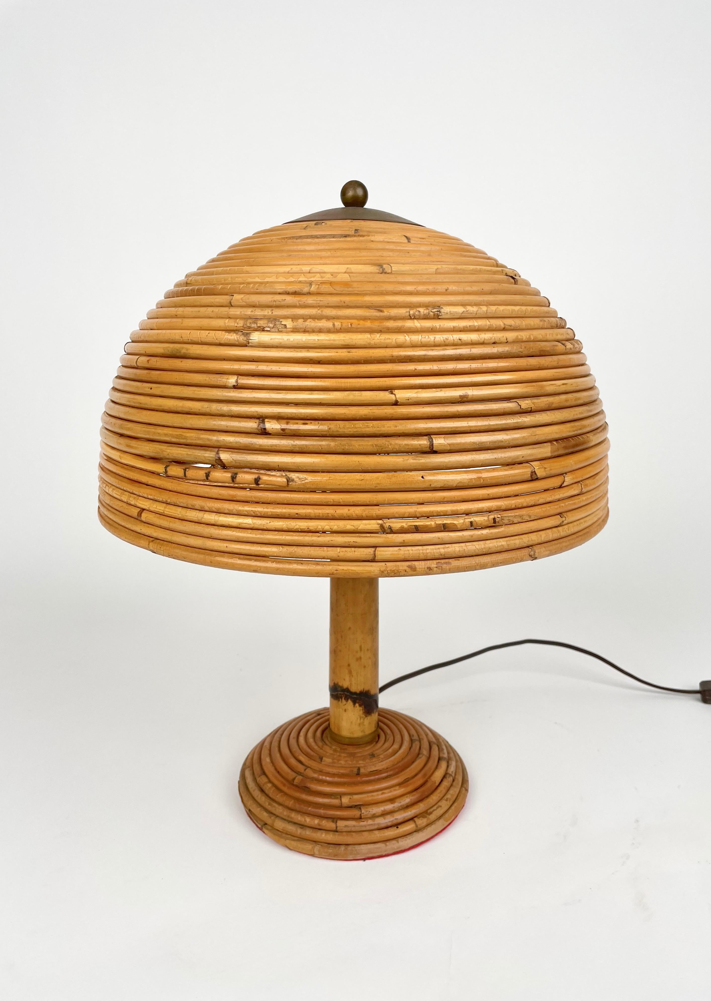 Bamboo, Rattan and Brass Mushroom Table Lamp, Italy 1960s In Good Condition In Rome, IT