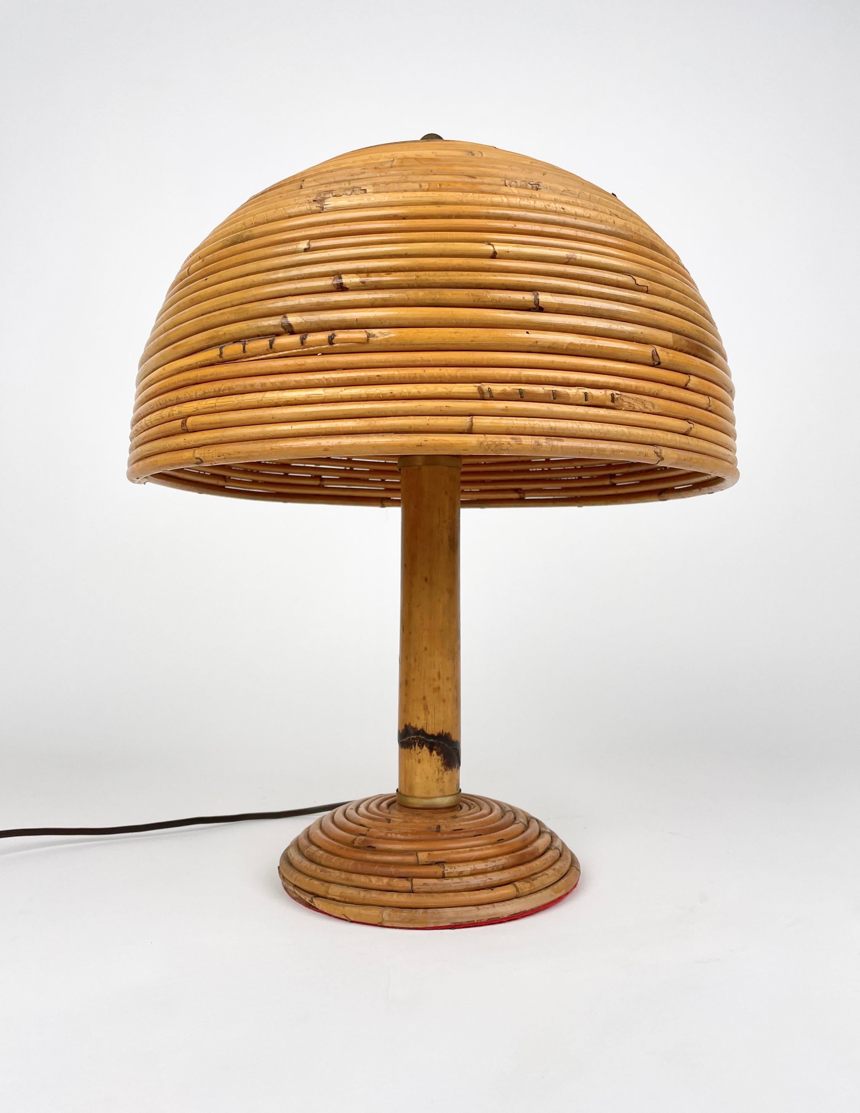 Mid-20th Century Bamboo, Rattan and Brass Mushroom Table Lamp, Italy 1960s