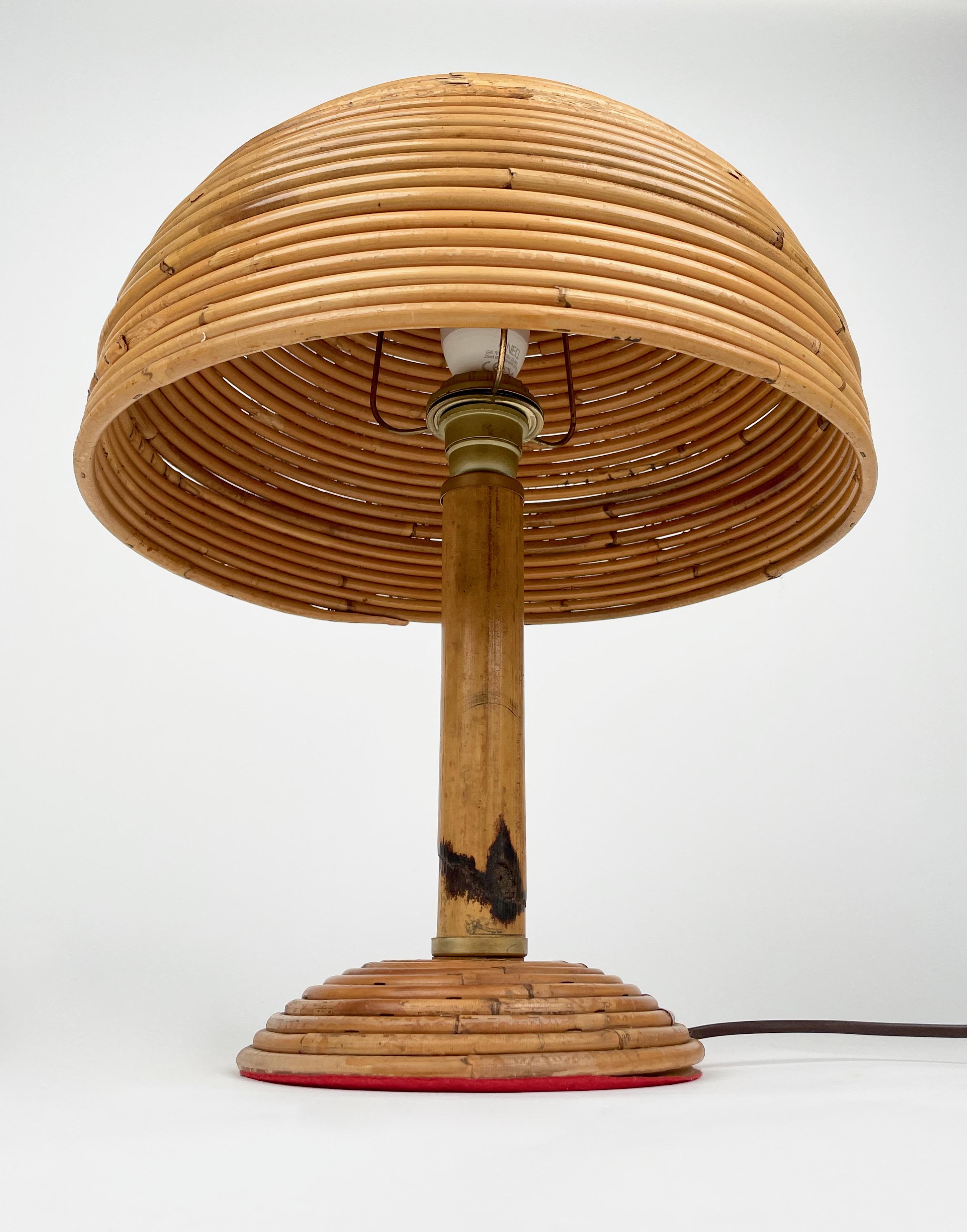 Metal Bamboo, Rattan and Brass Mushroom Table Lamp, Italy 1960s