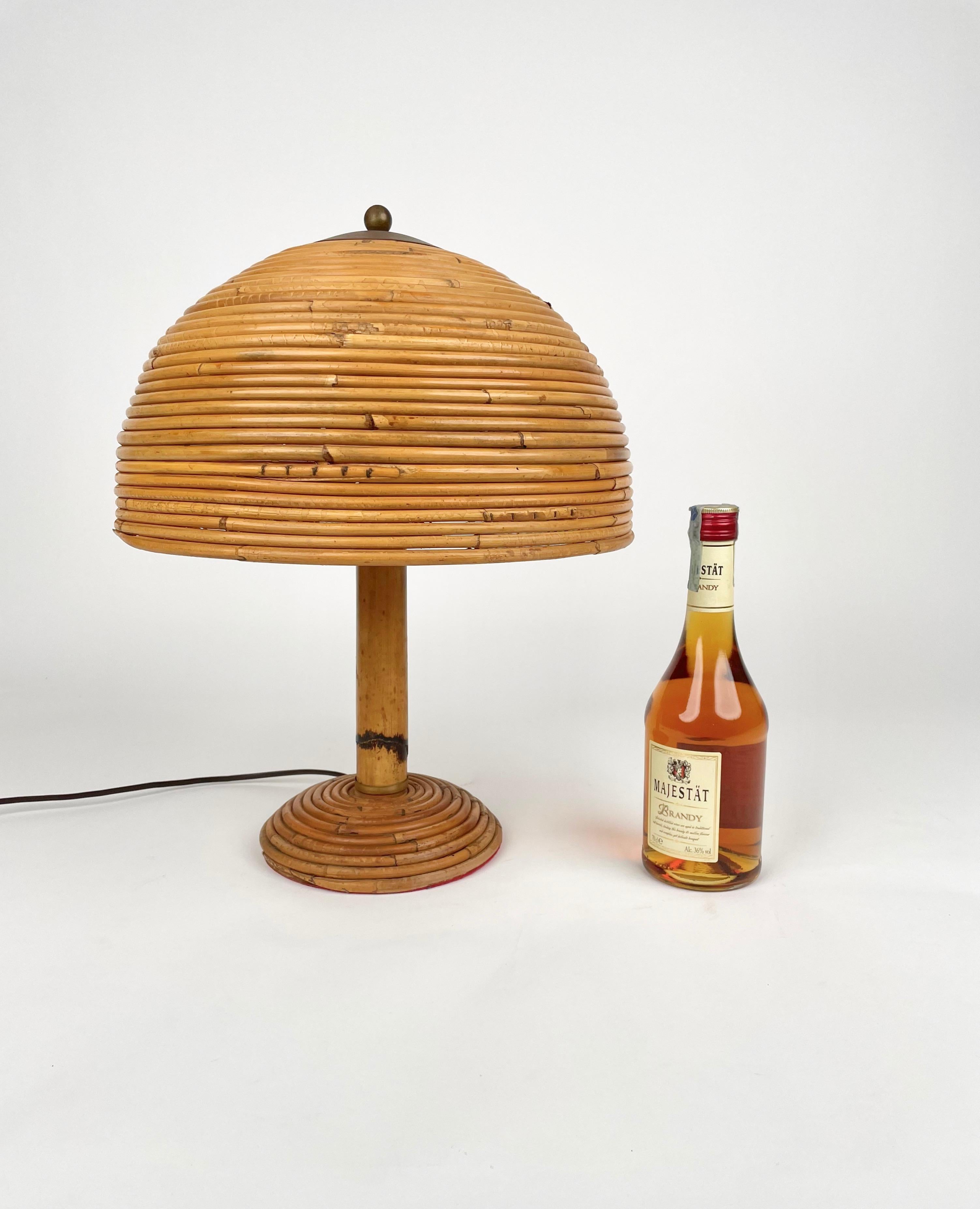 Bamboo, Rattan and Brass Mushroom Table Lamp, Italy 1960s 1