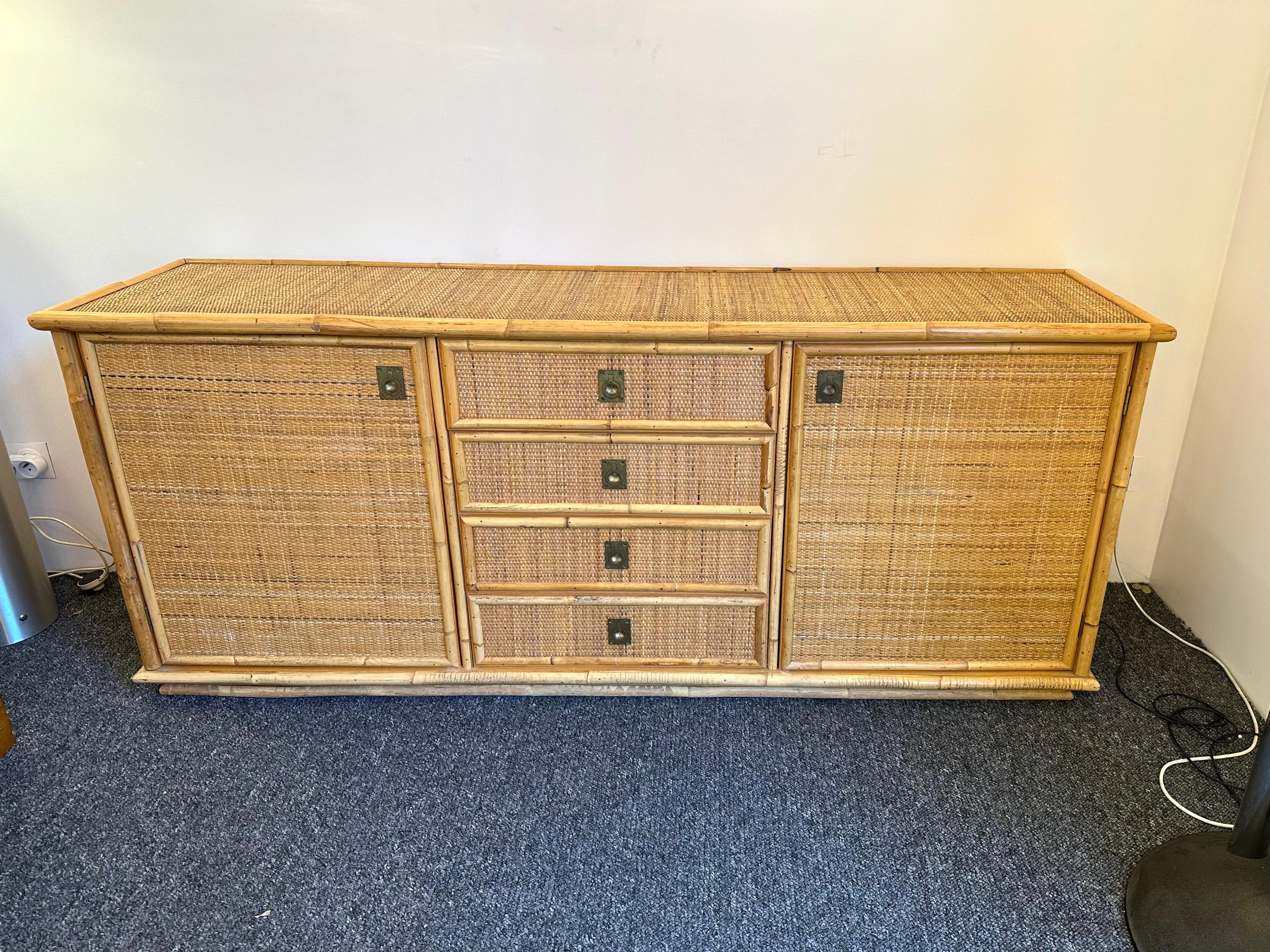 Bamboo Rattan and Brass Sideboard by Dal Vera, Italy, 1970s In Good Condition In SAINT-OUEN, FR