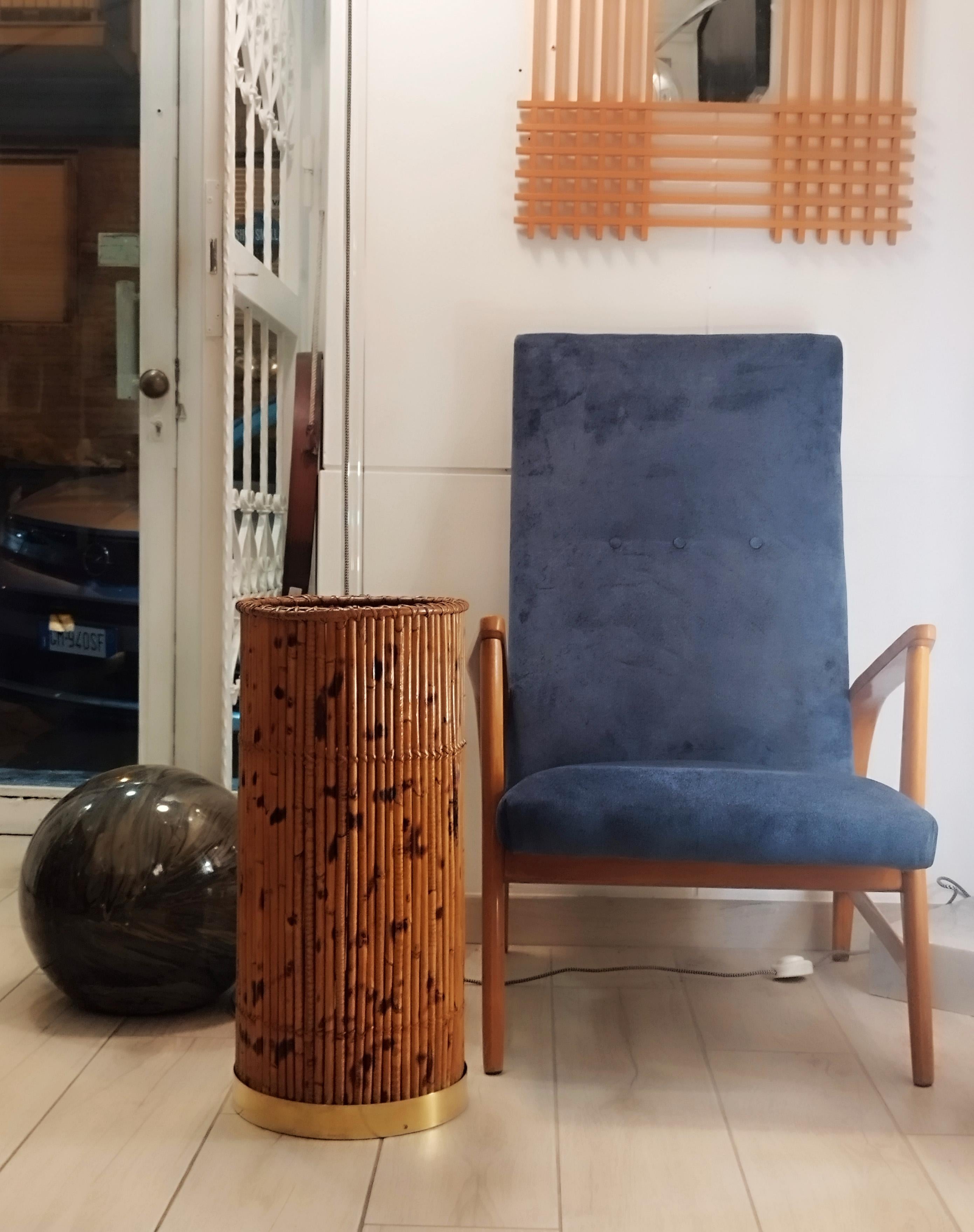 European Bamboo, Rattan and Brass Umbrella Stand, Italy 1970s For Sale
