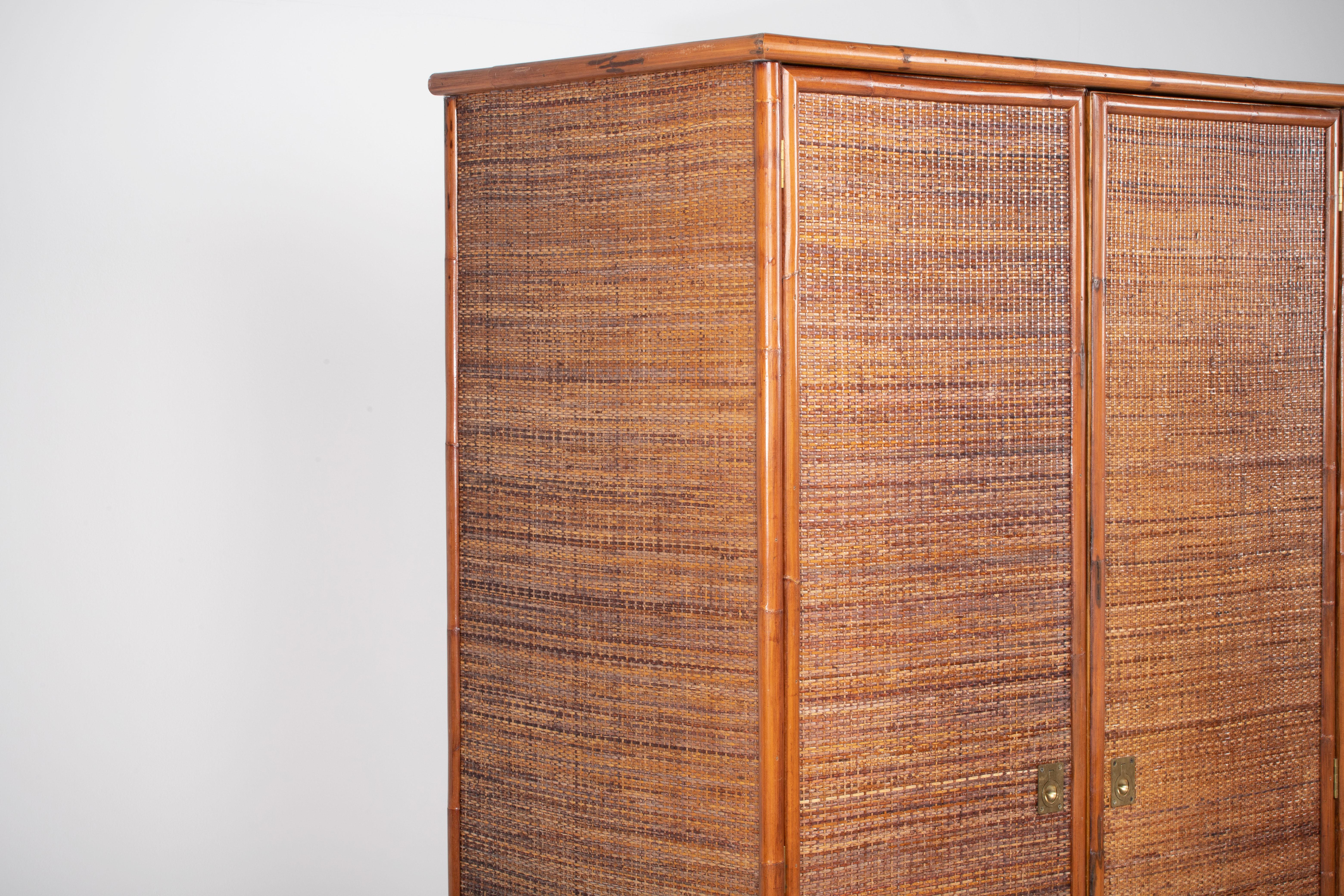 Bamboo/Rattan and Brass Wardrobe by Dal Vera, Italy, 1970s For Sale 1