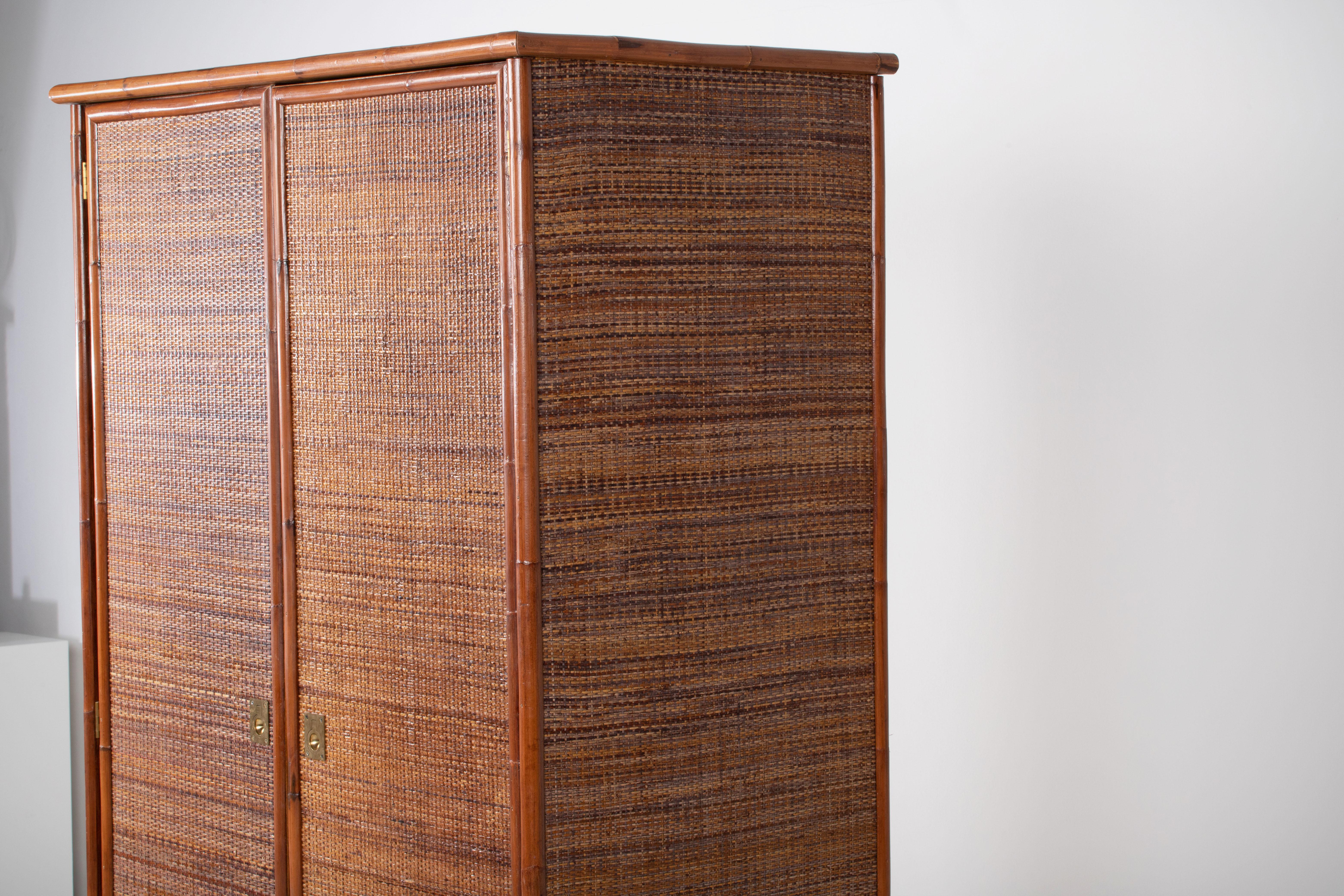 Bamboo/Rattan and Brass Wardrobe by Dal Vera, Italy, 1970s For Sale 3