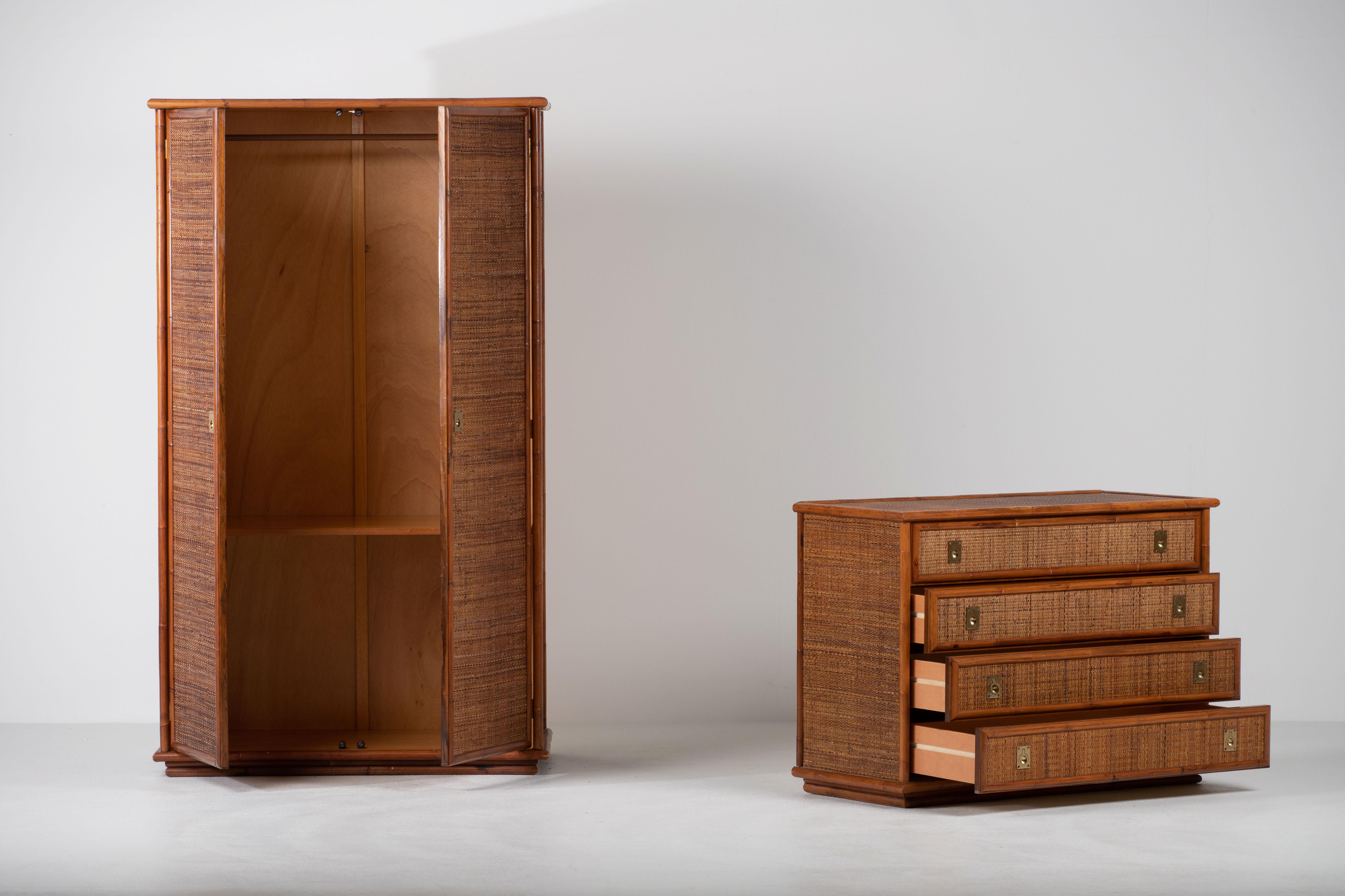 Bamboo/Rattan and Brass Wardrobe by Dal Vera, Italy, 1970s For Sale 9