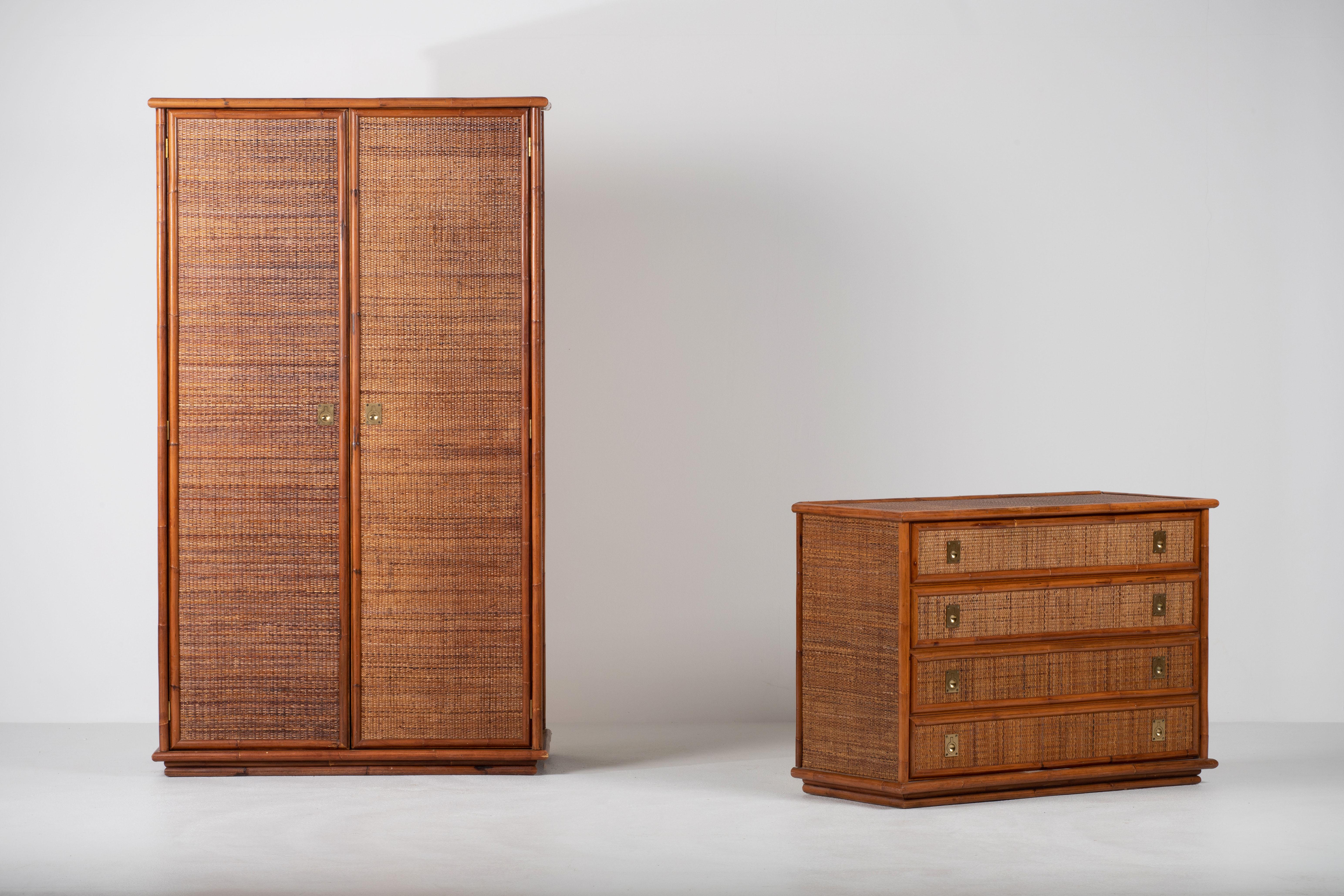 Beautiful rattan and bamboo vintage wardrobe made by Dal Vera in Italy in the 1960s. It has a double opening doors to hanging space. Brass handles complete the look. A great vintage piece in good condition which would bring a huge touch of style to