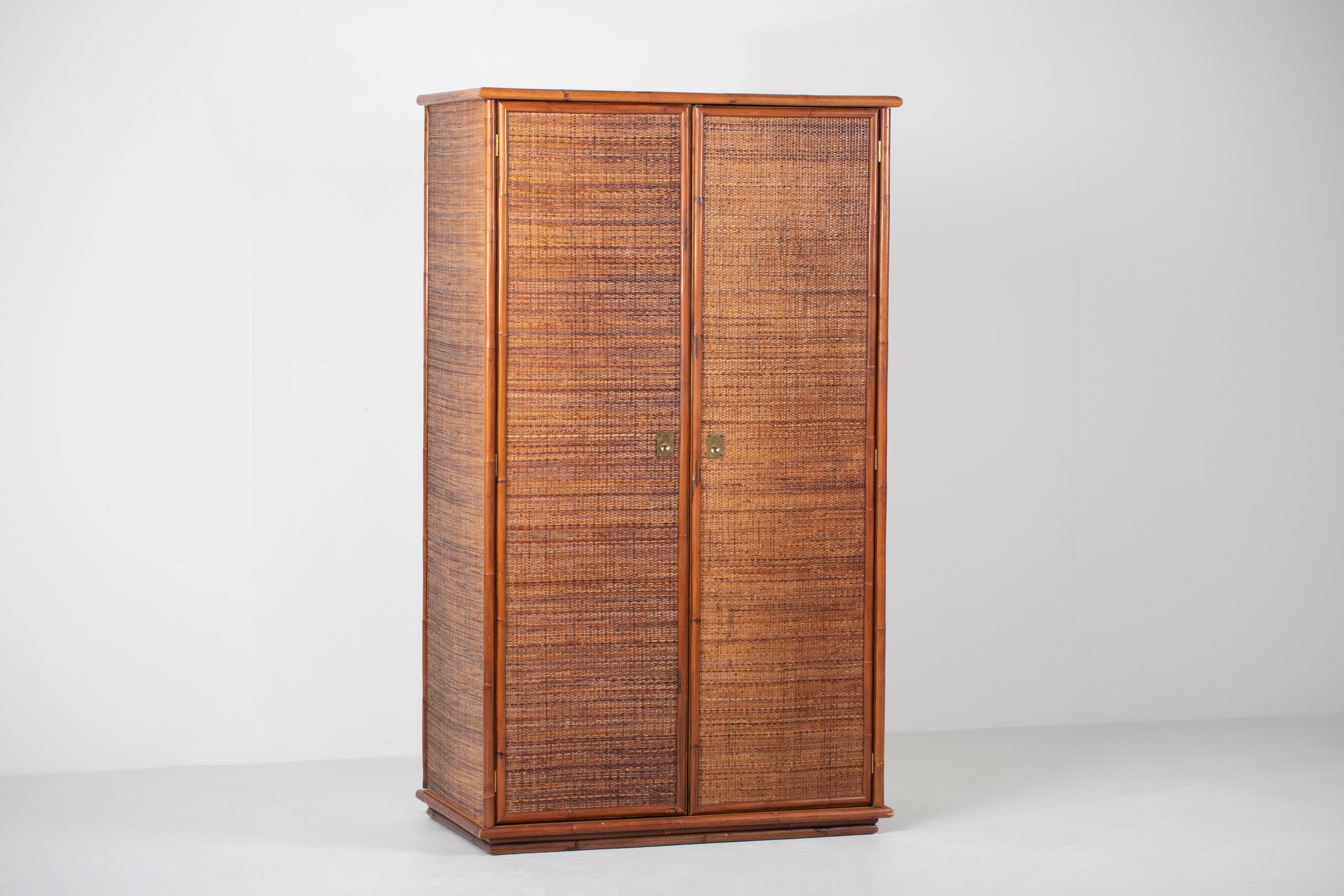 Mid-Century Modern Bamboo/Rattan and Brass Wardrobe by Dal Vera, Italy, 1970s For Sale