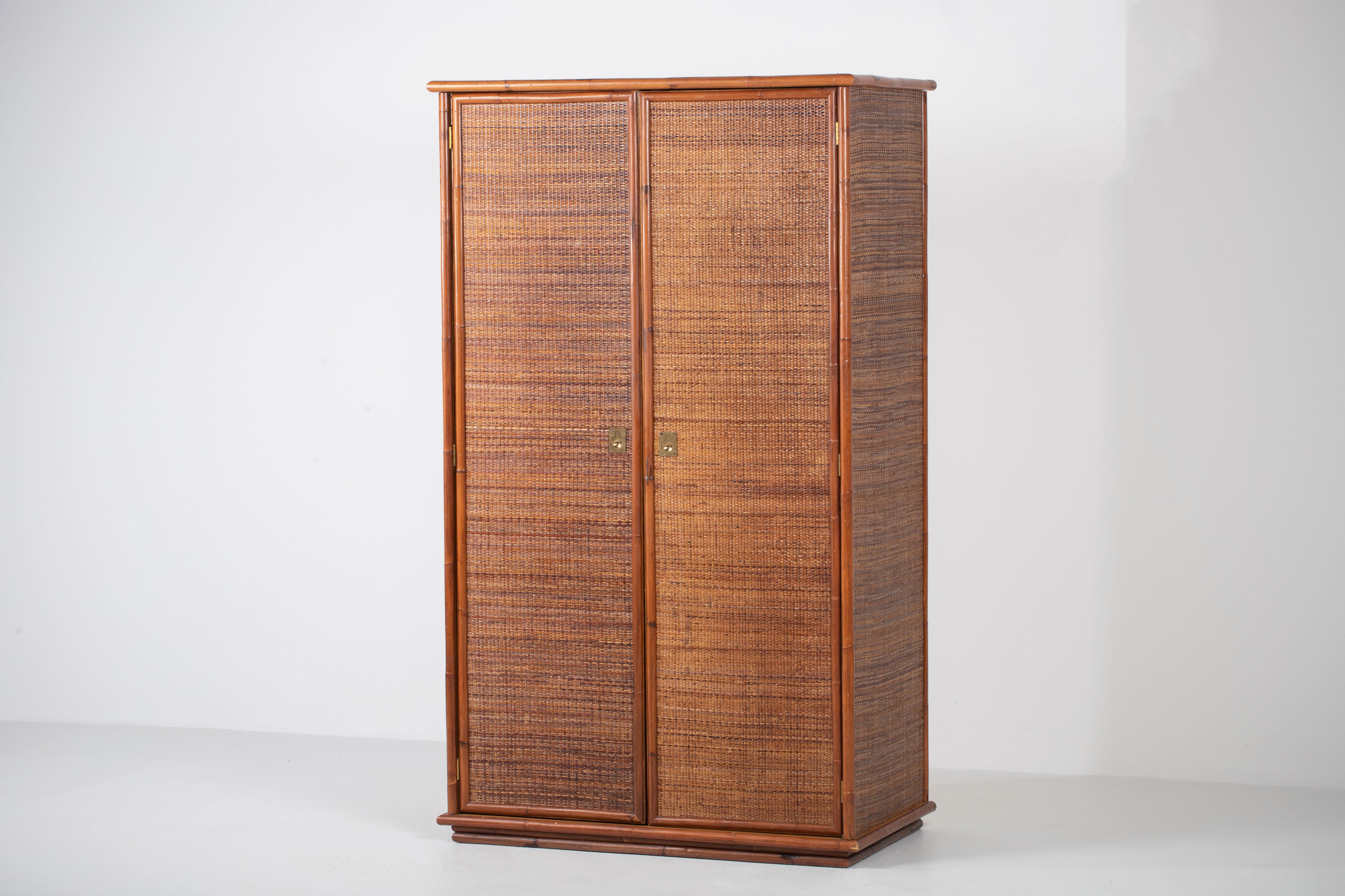 Italian Bamboo/Rattan and Brass Wardrobe by Dal Vera, Italy, 1970s For Sale