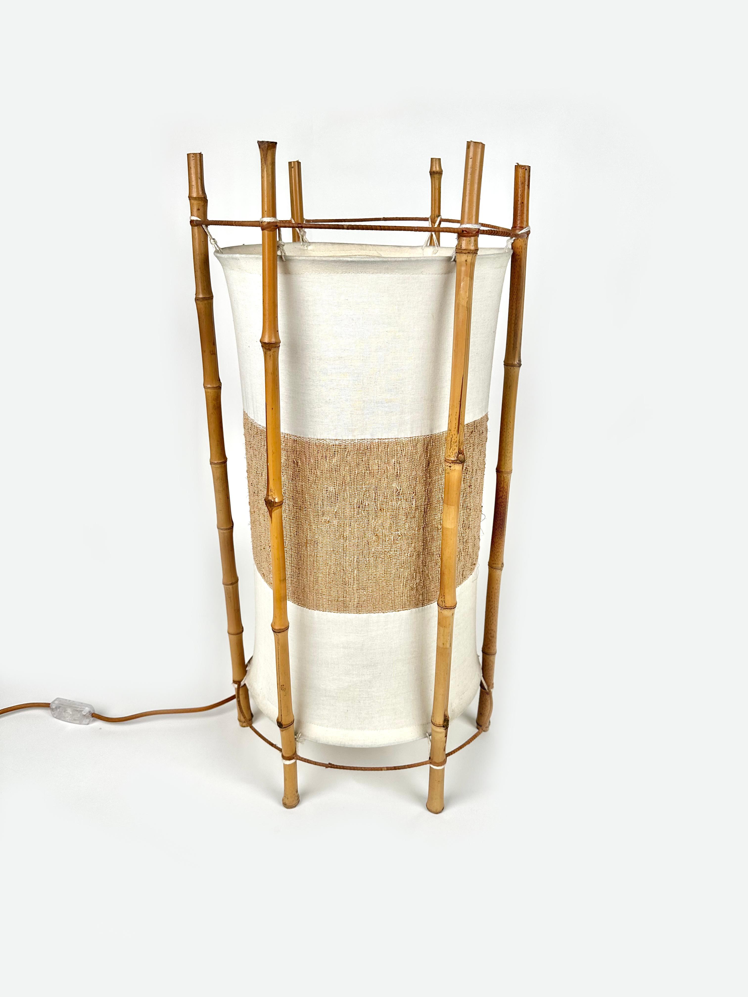 Bamboo, Rattan and Cotton Table or Floor Lamp Louis Sognot Style, Italy, 1960s For Sale 4